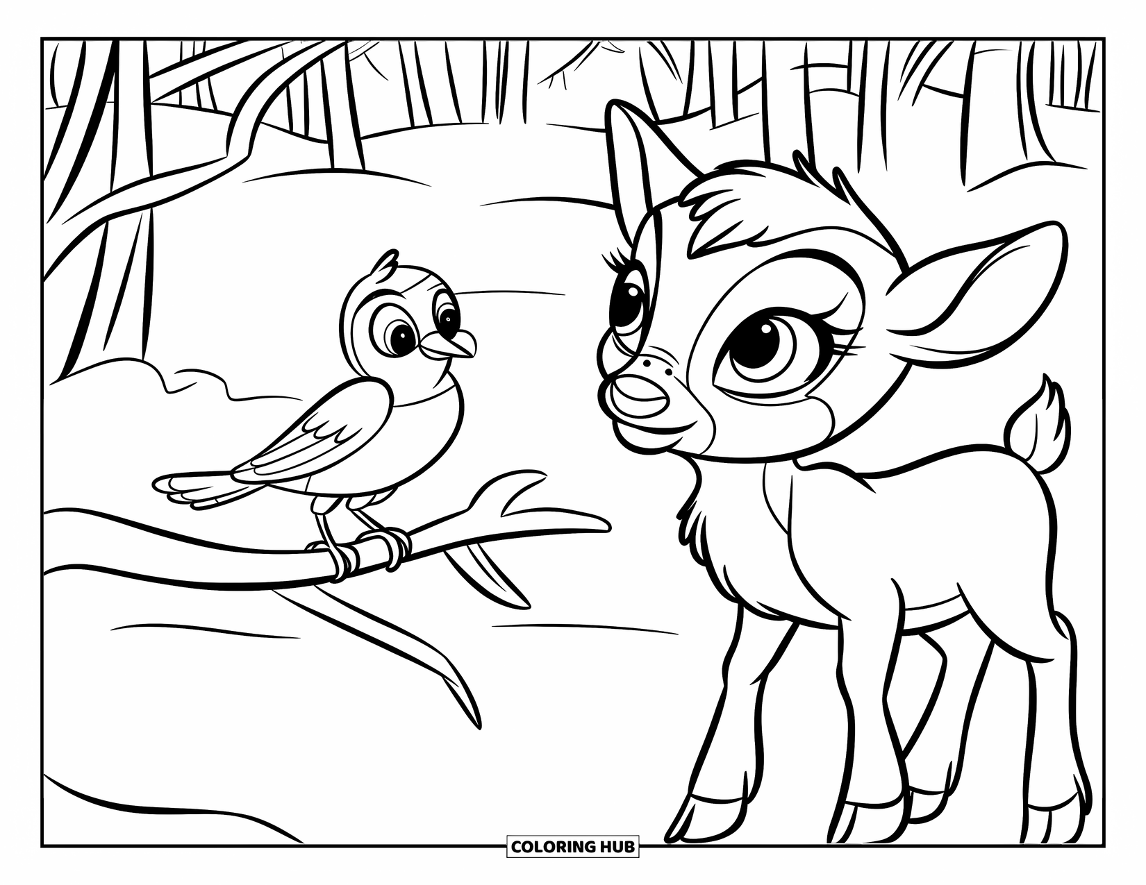 Baby Reindeer Coloring Page for Kids: A reindeer curiously watches a bird perched on a snowy branch