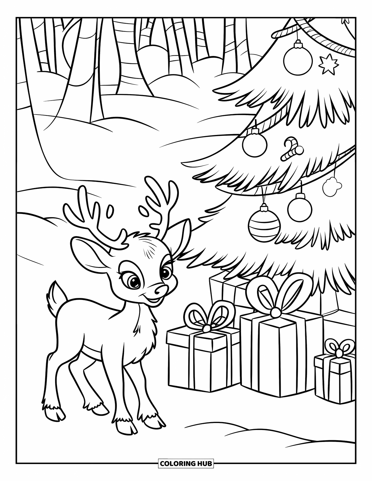 Baby Reindeer Coloring Page for Kids: A reindeer gazes at a sparkling Christmas tree and wrapped gifts