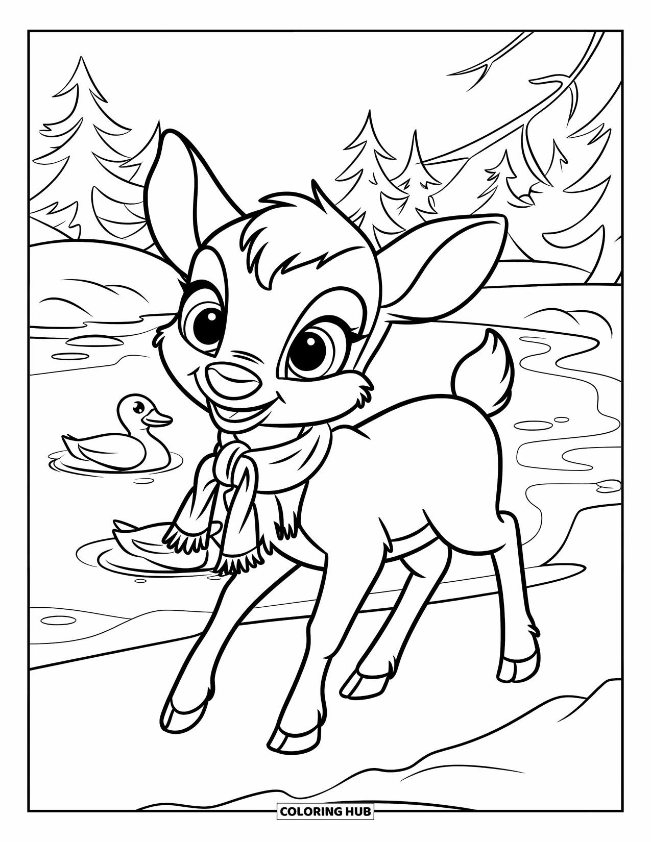 Baby Reindeer Coloring Page for Kids: A reindeer in a scarf explores a pond surrounded by snowy pines