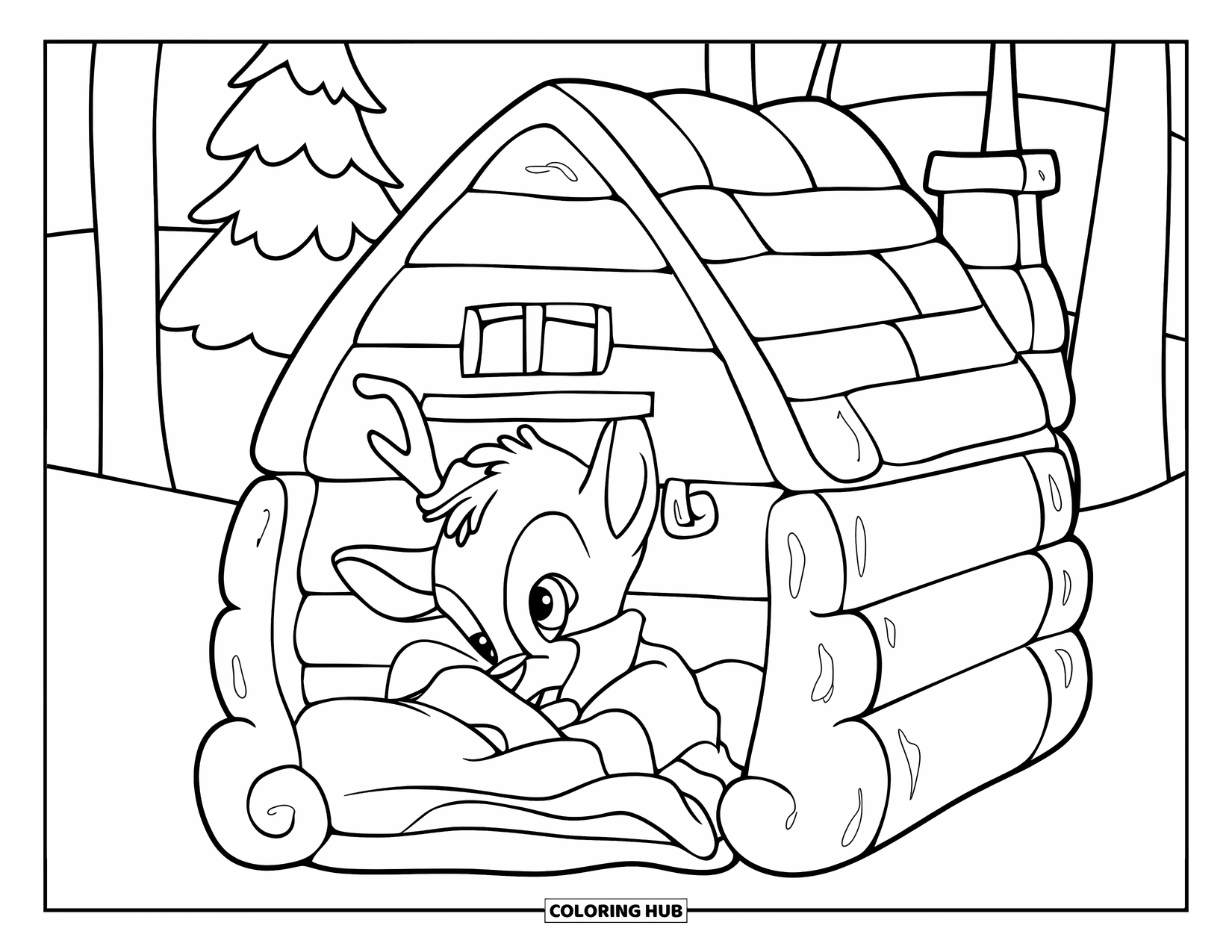 Baby Reindeer Coloring Page for Kids: A reindeer rests in a snug cabin surrounded by snowy trees