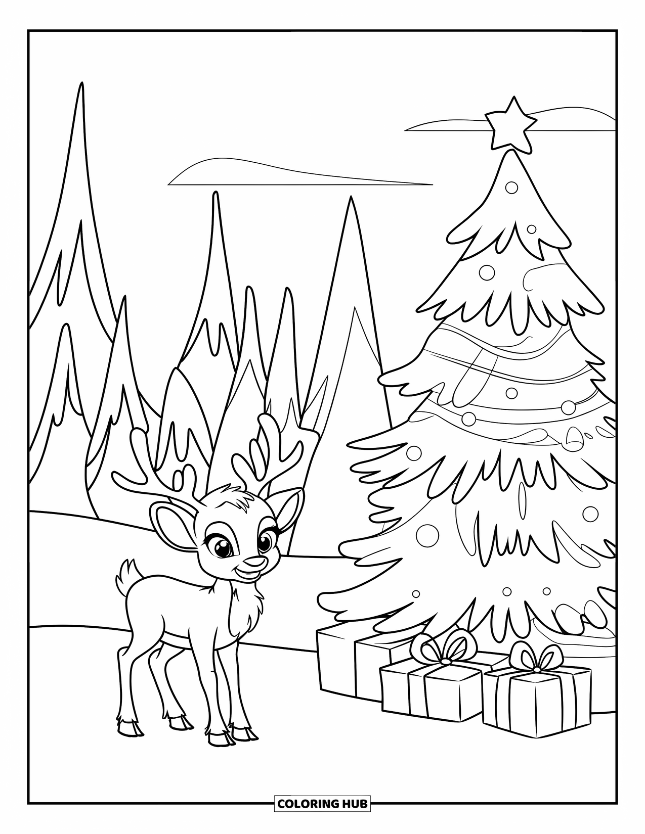 Baby Reindeer Coloring Page for Kids: A reindeer stands proudly next to a bright tree with presents