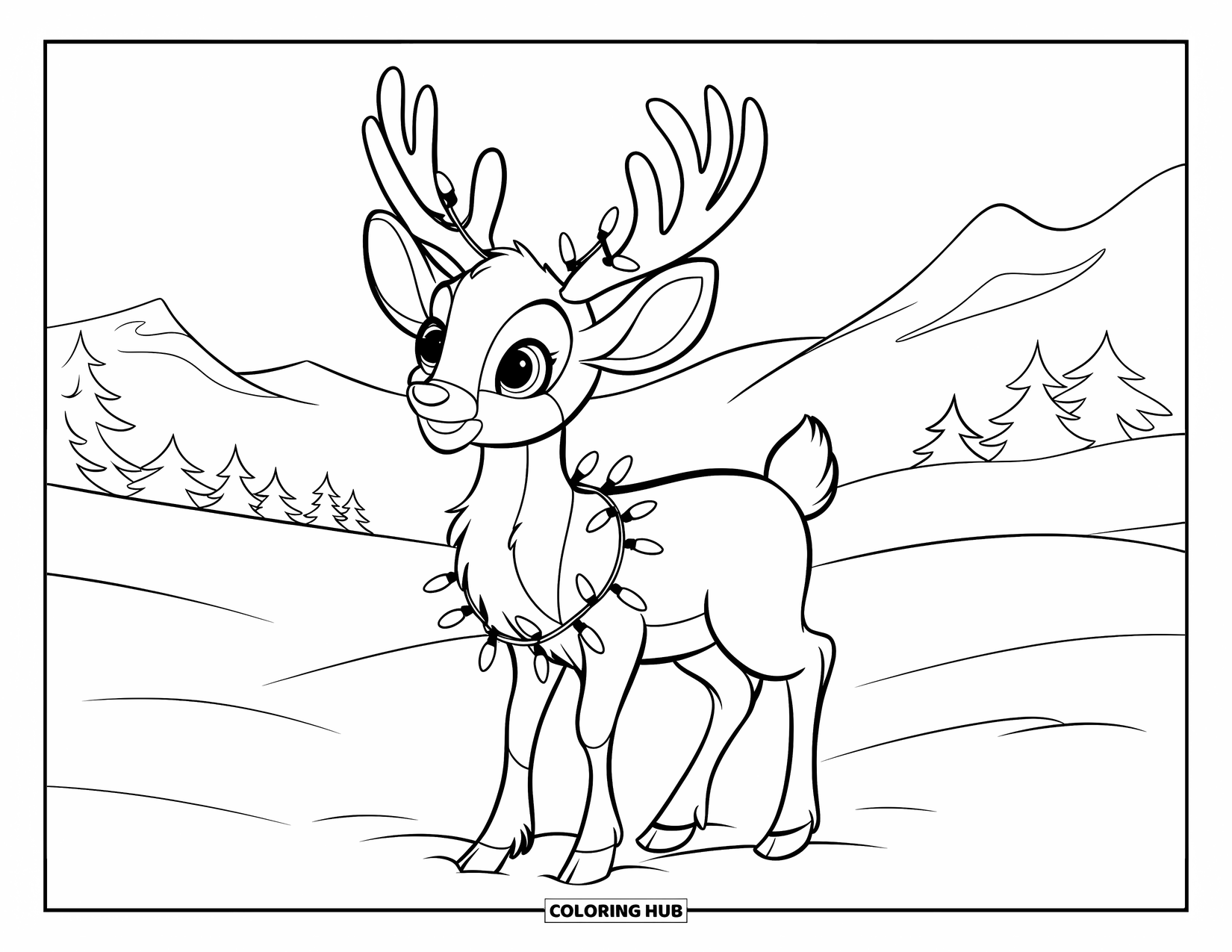 Baby Reindeer Coloring Page for Kids: A sweet reindeer with light-wrapped antlers stands in the snow