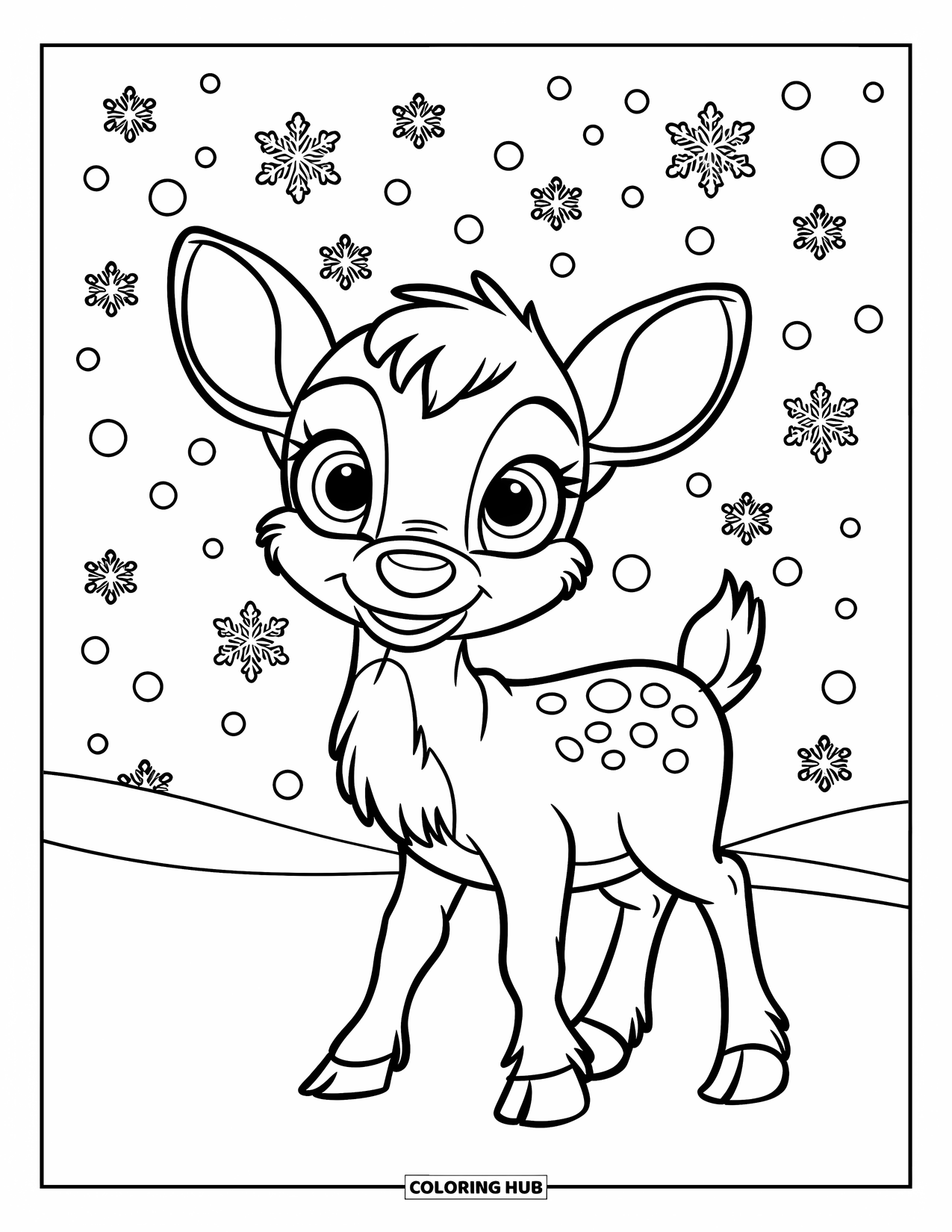 Baby Reindeer Coloring Page for Kids: A tiny reindeer stands alone as snowflakes fall around it