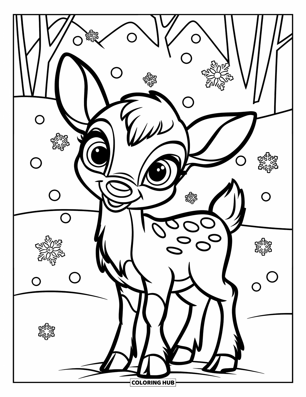 Baby Reindeer Coloring Page for Kids: A young reindeer enjoys the quiet snowfall in a winter field