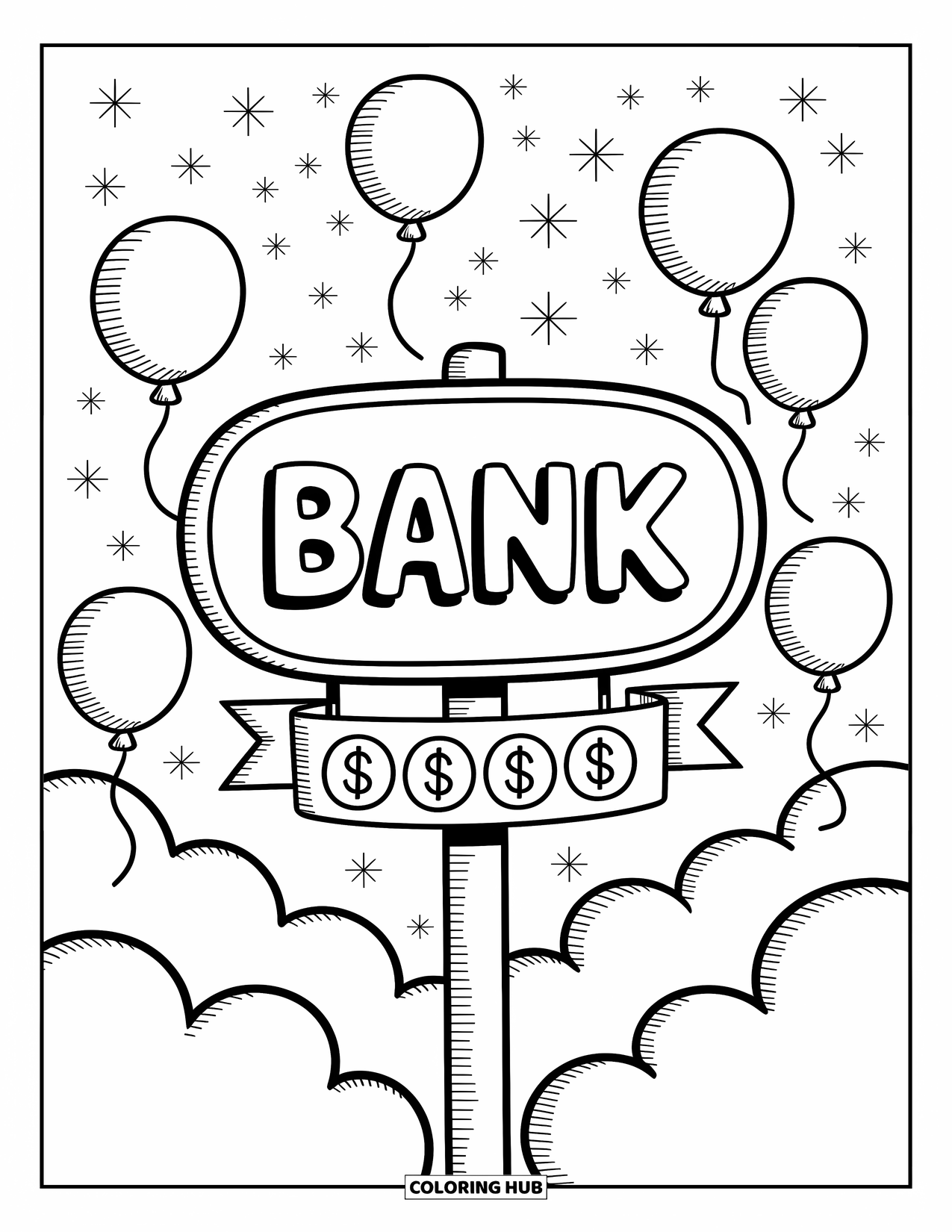 Bank Coloring Page for Adults: A bright sign with "Bank" lettering, coins, and floating balloons