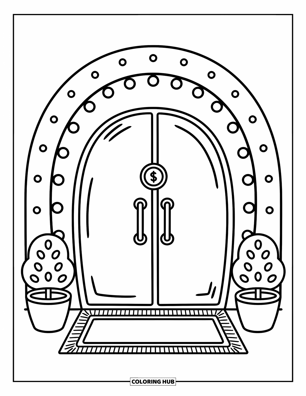 Bank Coloring Page for Adults: A cozy doorway with lights, plants, and a cheerful coin emblem