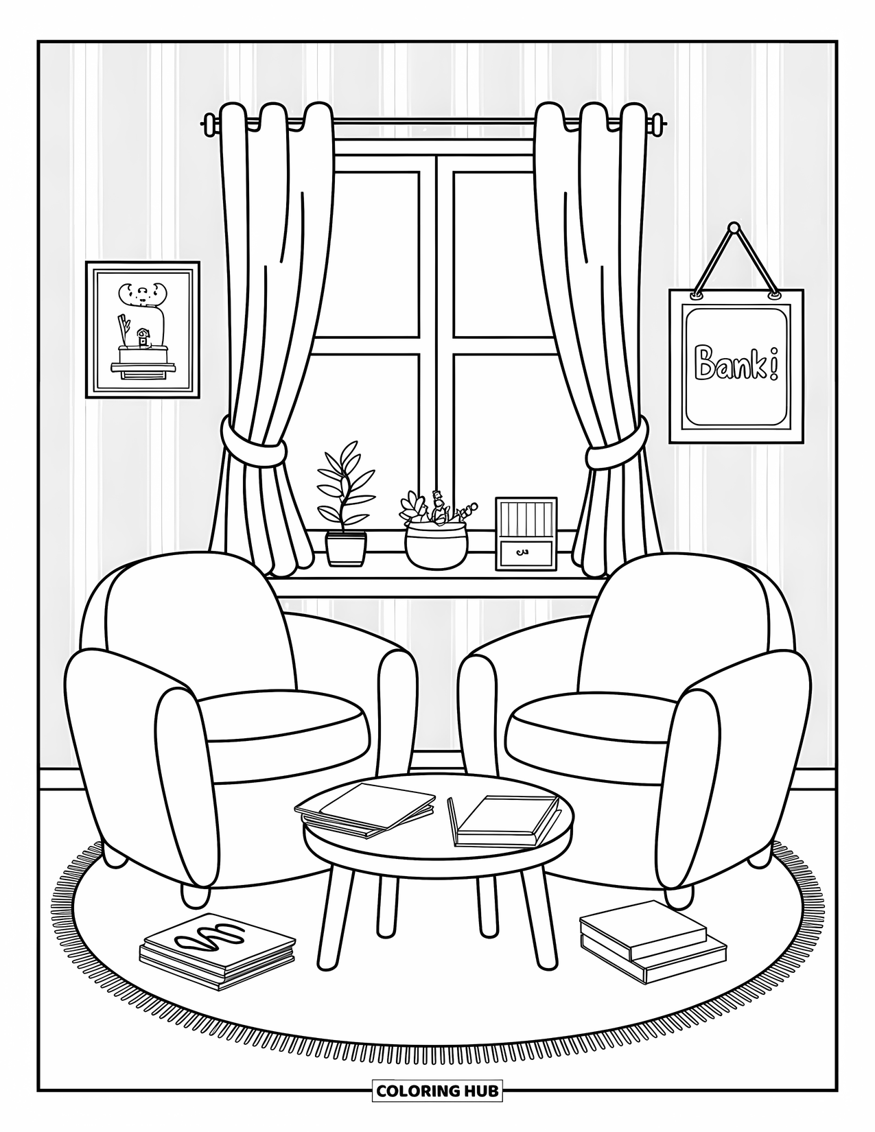 Bank Coloring Page for Adults: A cozy room with chairs, a table, and a "Bank" sign