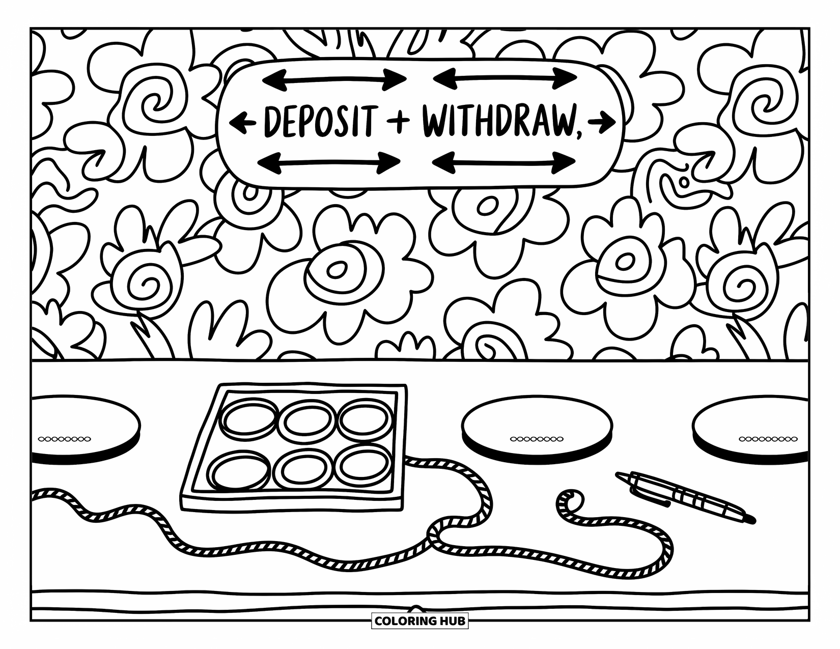 Bank Coloring Page for Adults: A cute bank counter with signs for deposit and withdraw