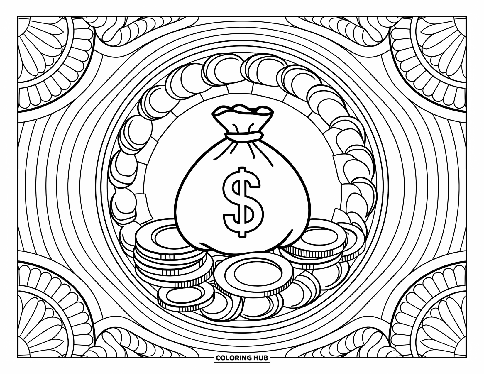 Bank Coloring Page for Adults: A detailed money bag framed by leaves and coins in symmetry