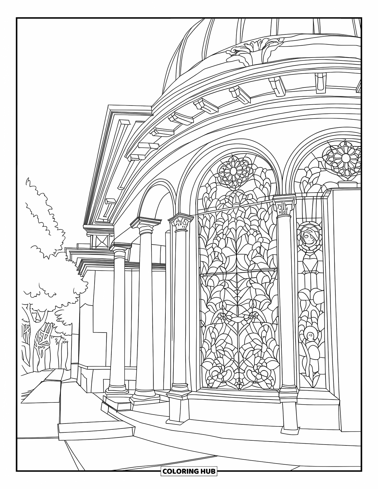 Bank Coloring Page for Adults: A domed bank building with floral stained glass and trees