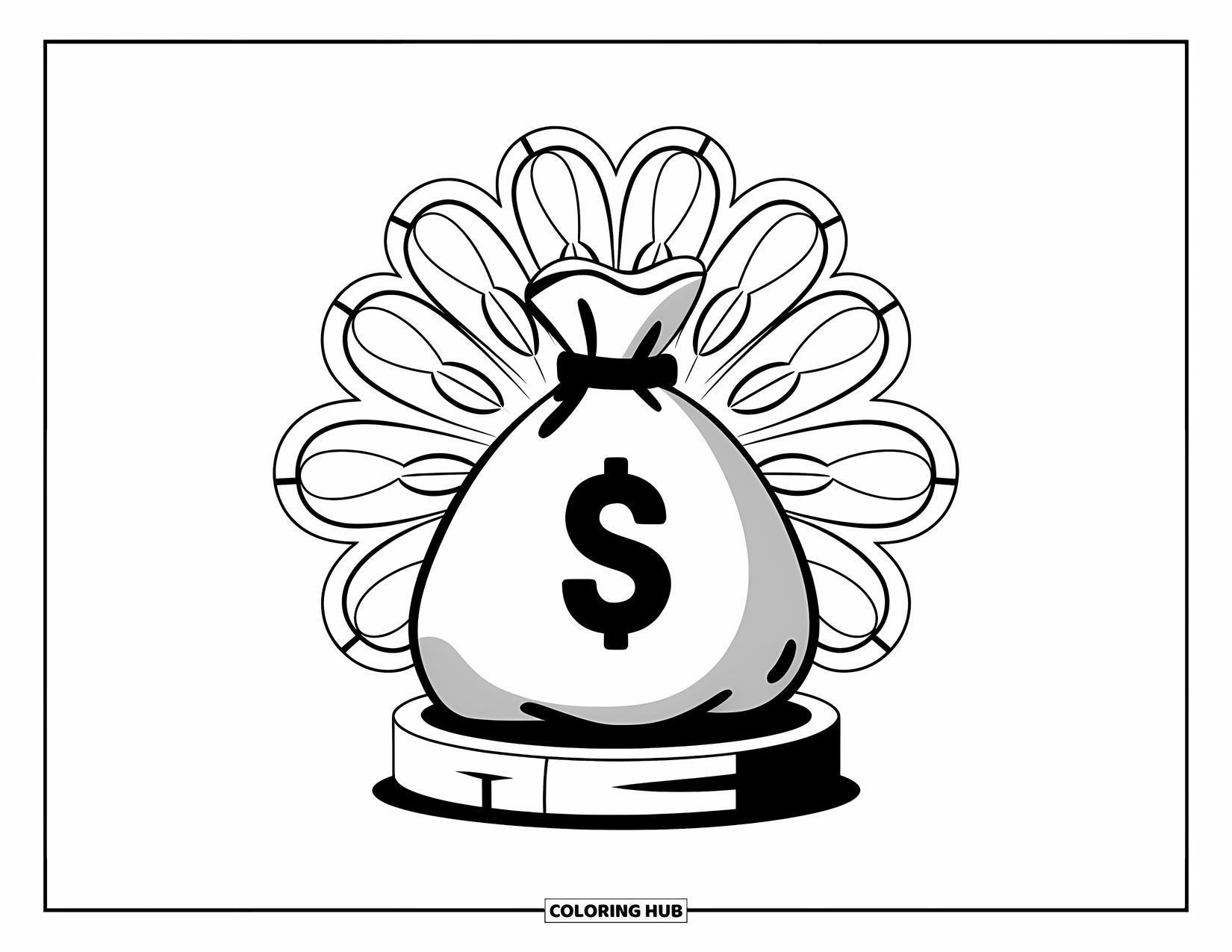 Bank Coloring Page for Adults: A full money bag surrounded by coins and leaf patterns