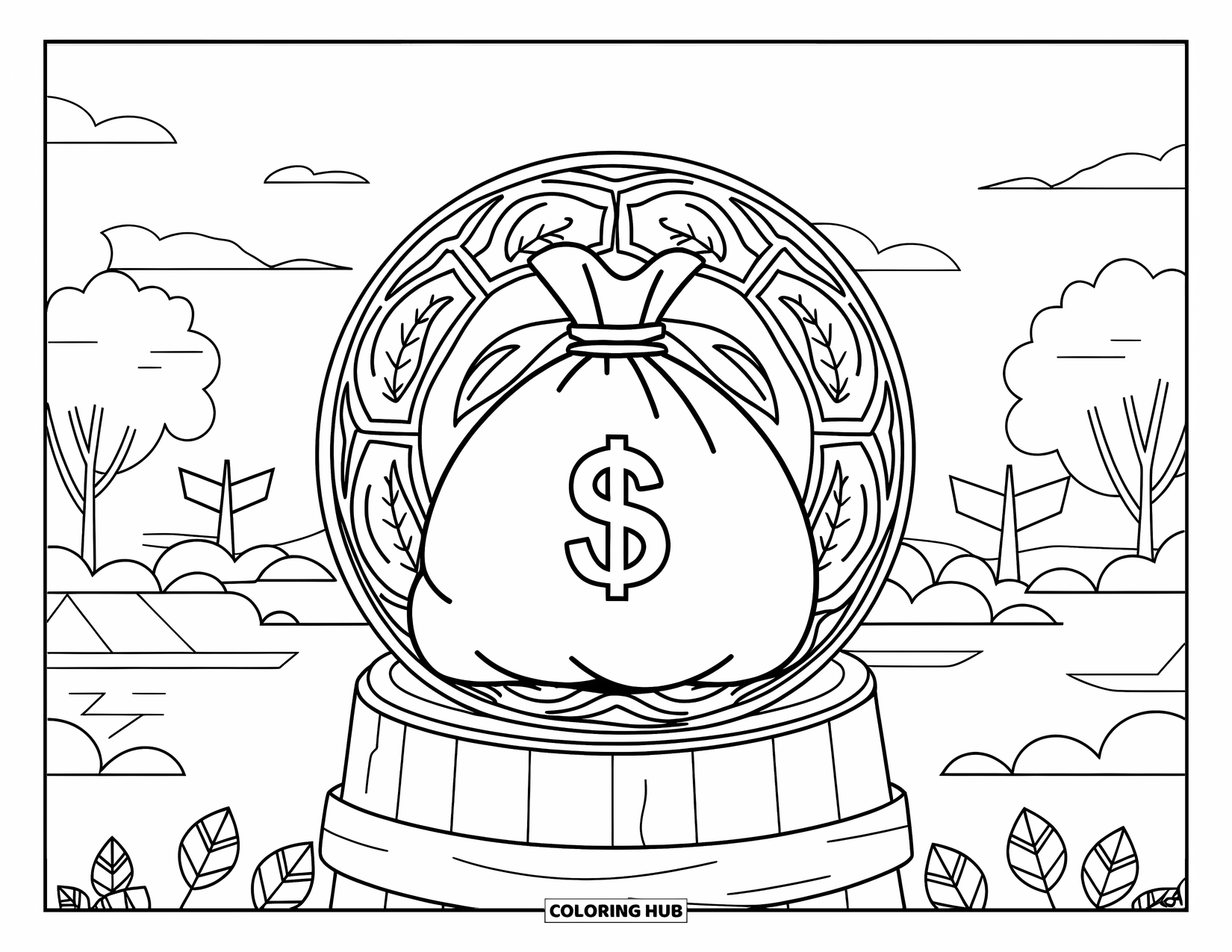 Bank Coloring Page for Adults: A money bag sits on a barrel by a calm, scenic view