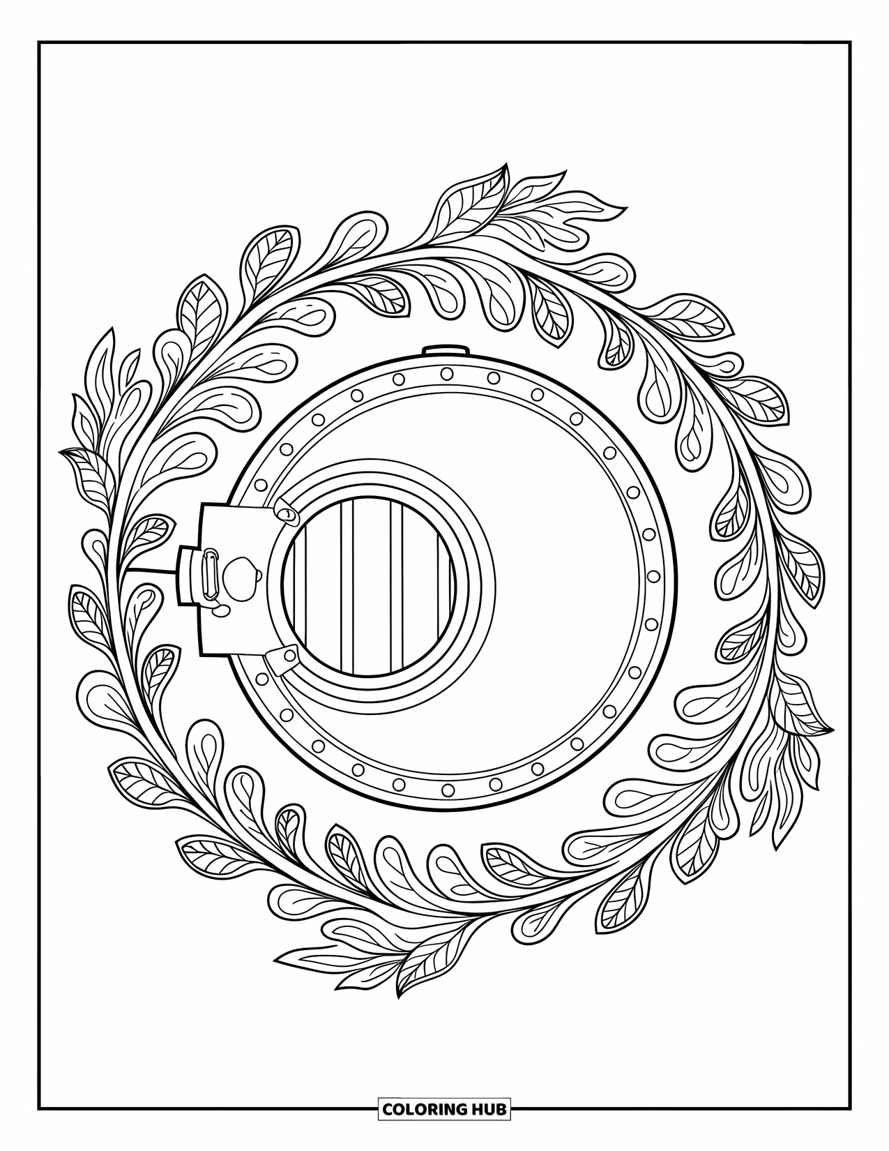 Bank Coloring Page for Adults: A vault door encircled by intricate floral swirls