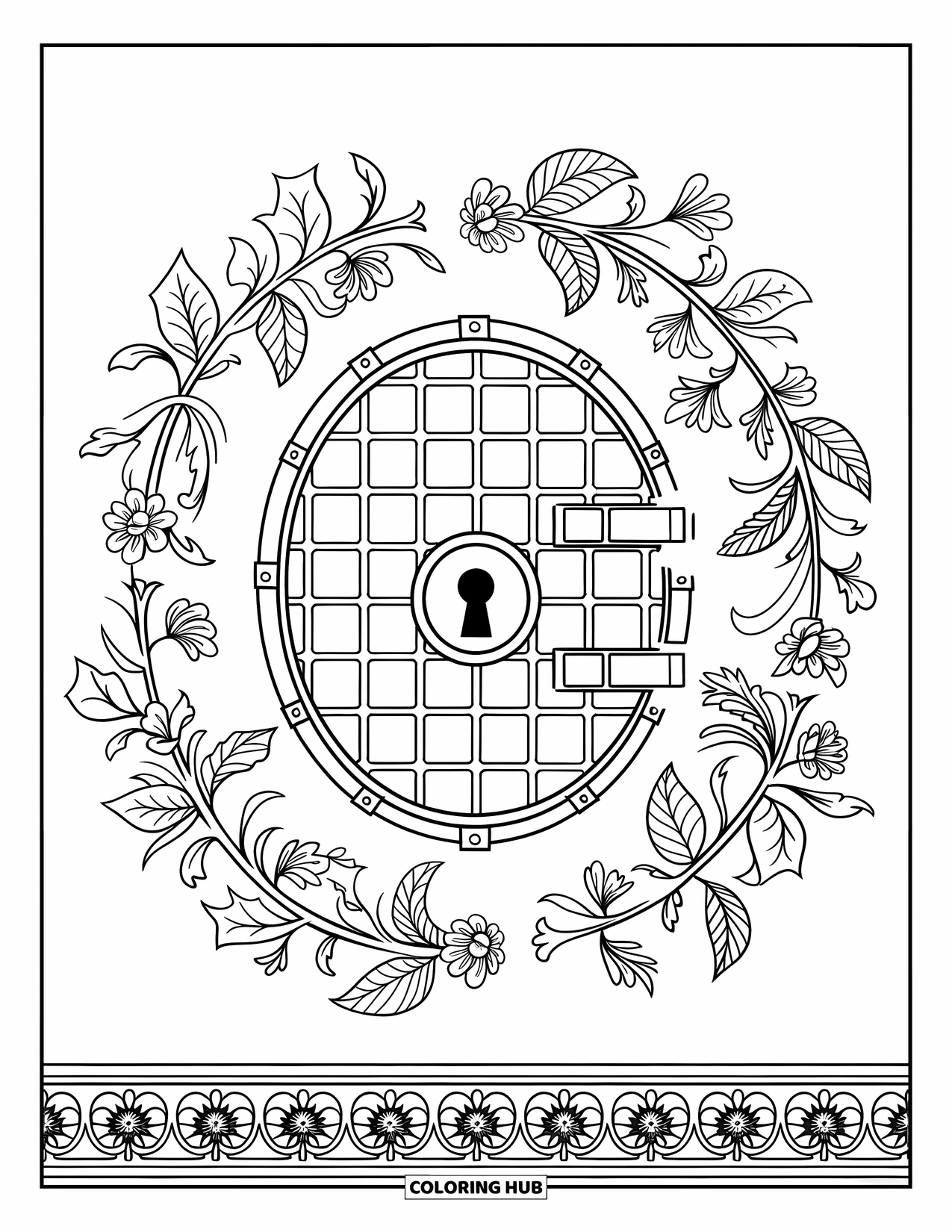 Bank Coloring Page for Adults: A vault door surrounded by swirling vines and flowers