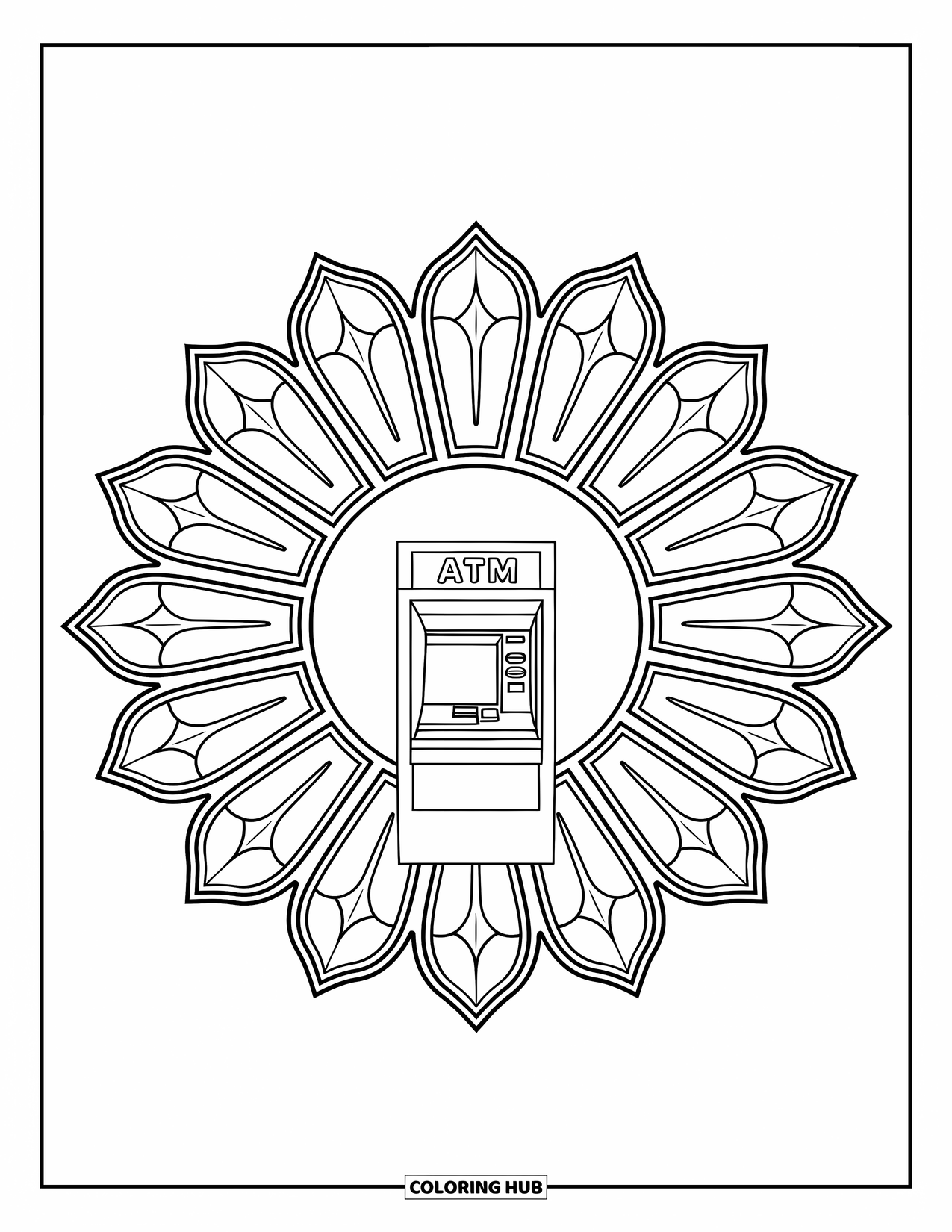 Bank Coloring Page for Adults: An elegant ATM surrounded by patterned glass petals