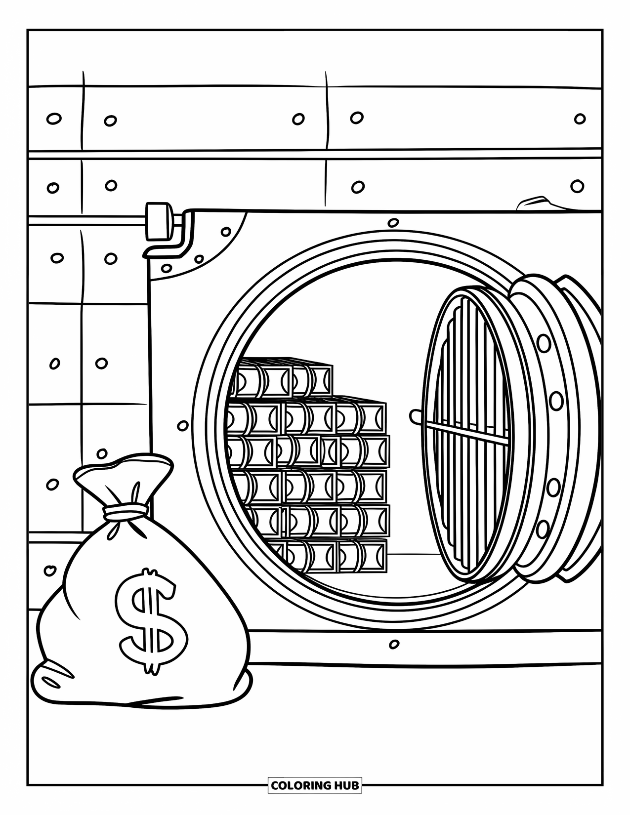 Bank Coloring Page for Kids: A bank vault full of money bags and shiny cash stacks