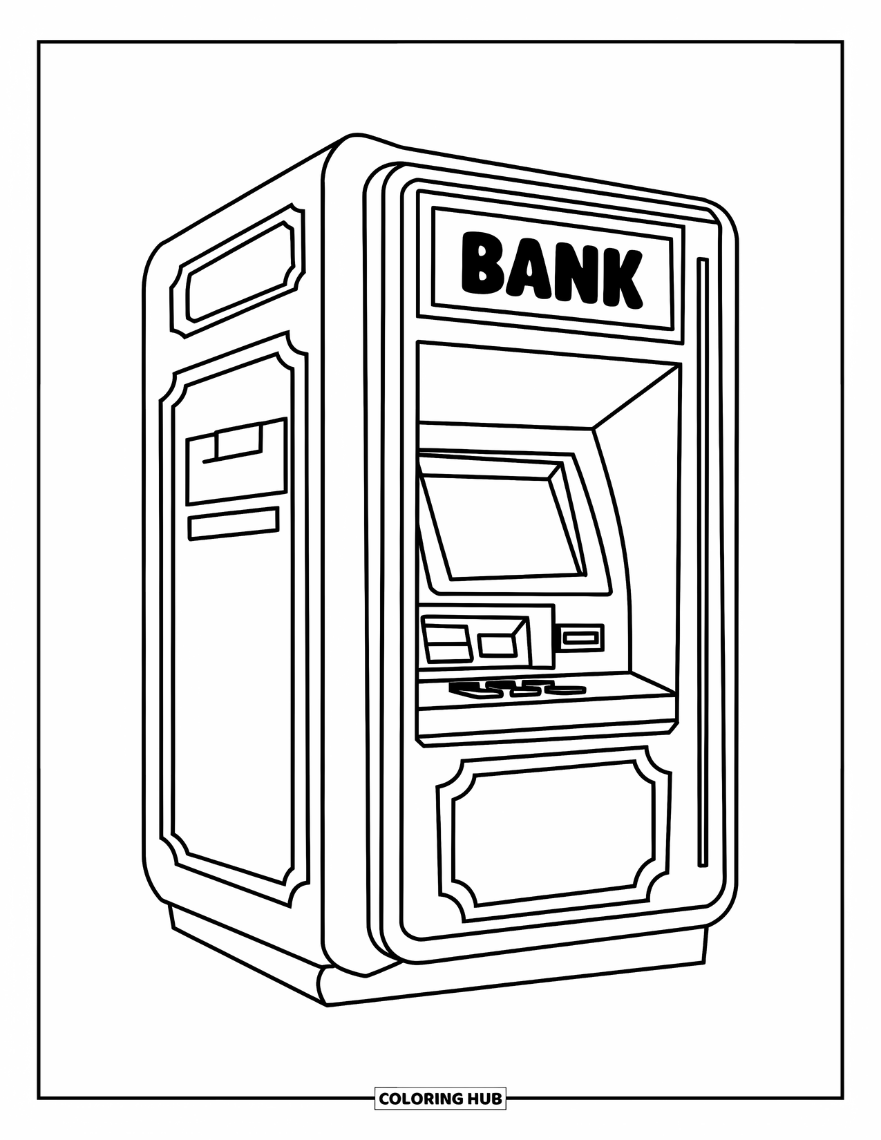 Bank Coloring Page for Kids: A boxy ATM with a big screen and cheerful design