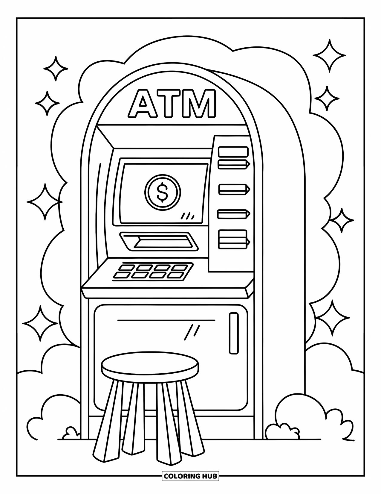 Bank Coloring Page for Kids: A bright ATM with large buttons and a happy coin symbol