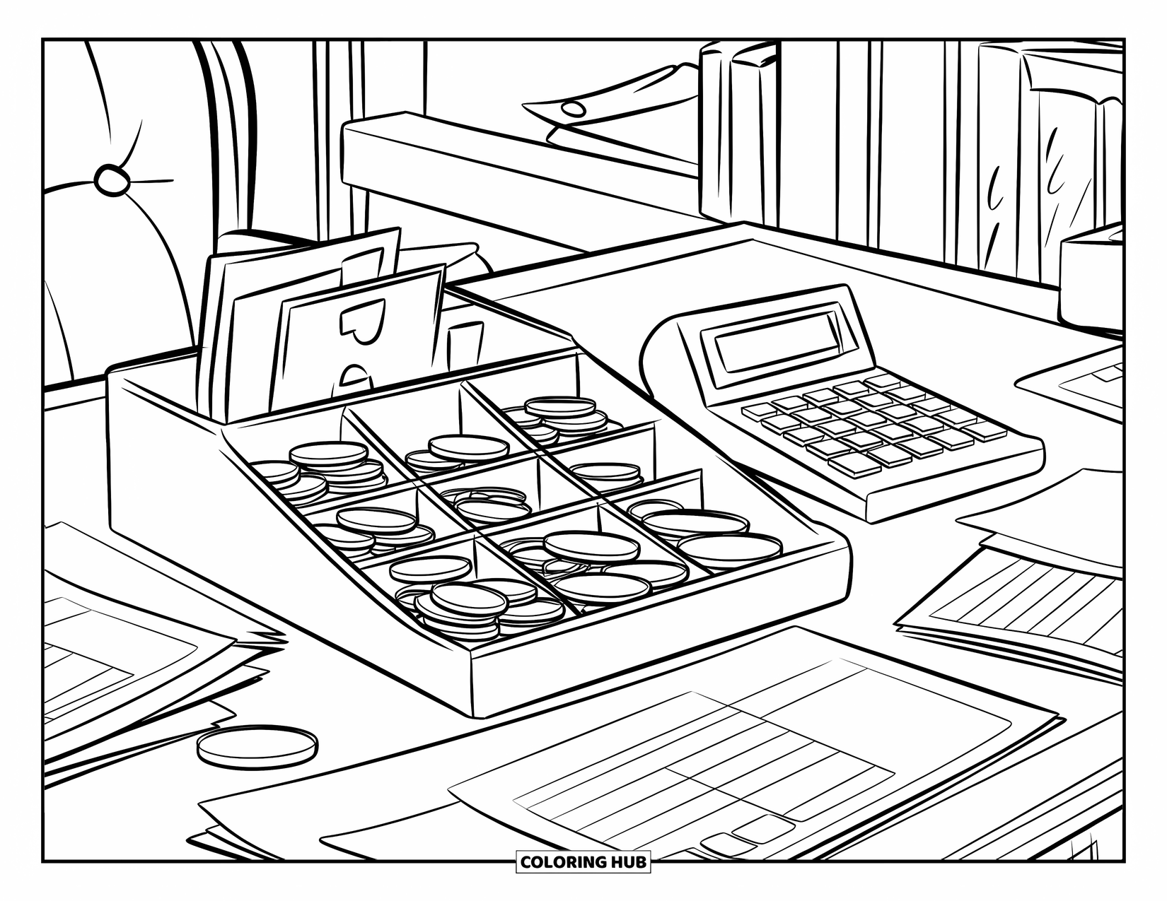 Bank Coloring Page for Kids: A bright office desk filled with coins, papers, and a calculator