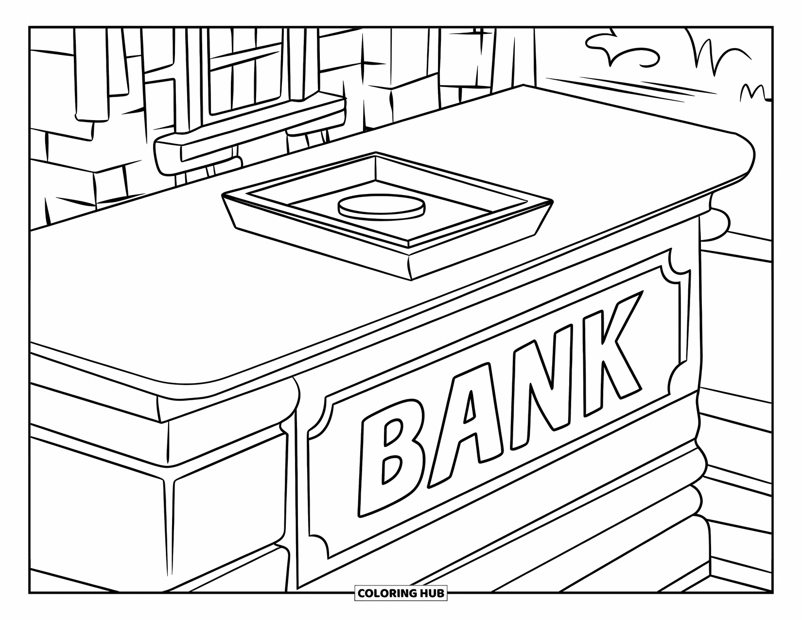 Bank Coloring Page for Kids: A cheerful little counter with coins and a bank sign