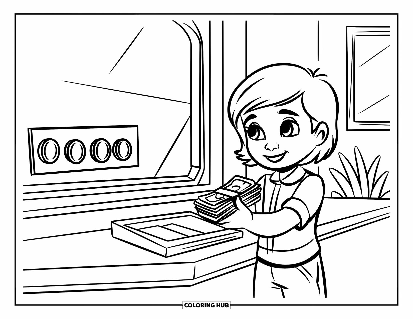 Bank Coloring Page for Kids: A child happily handing money to a friendly bank teller