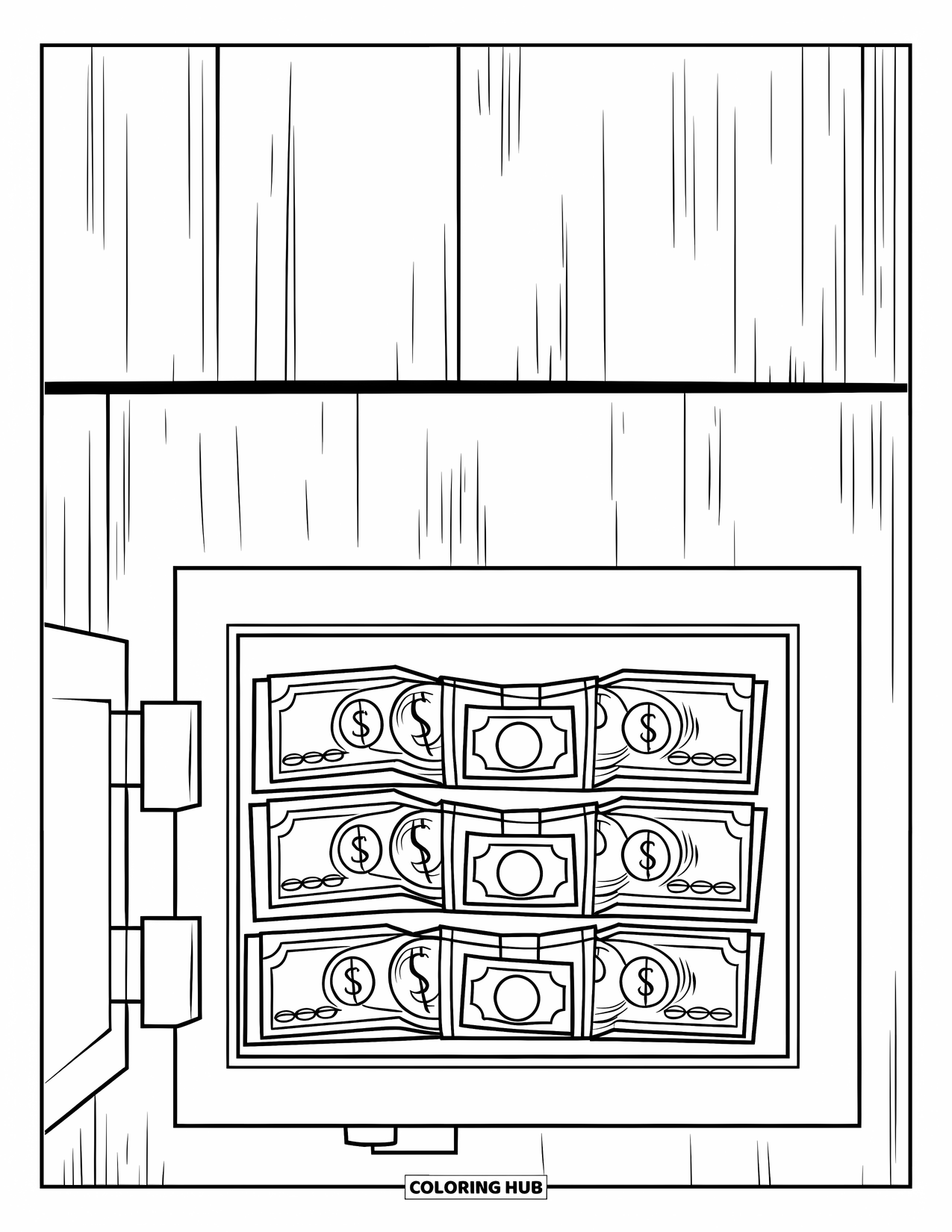 Bank Coloring Page for Kids: A clean safe filled with neat rows of cash bundles