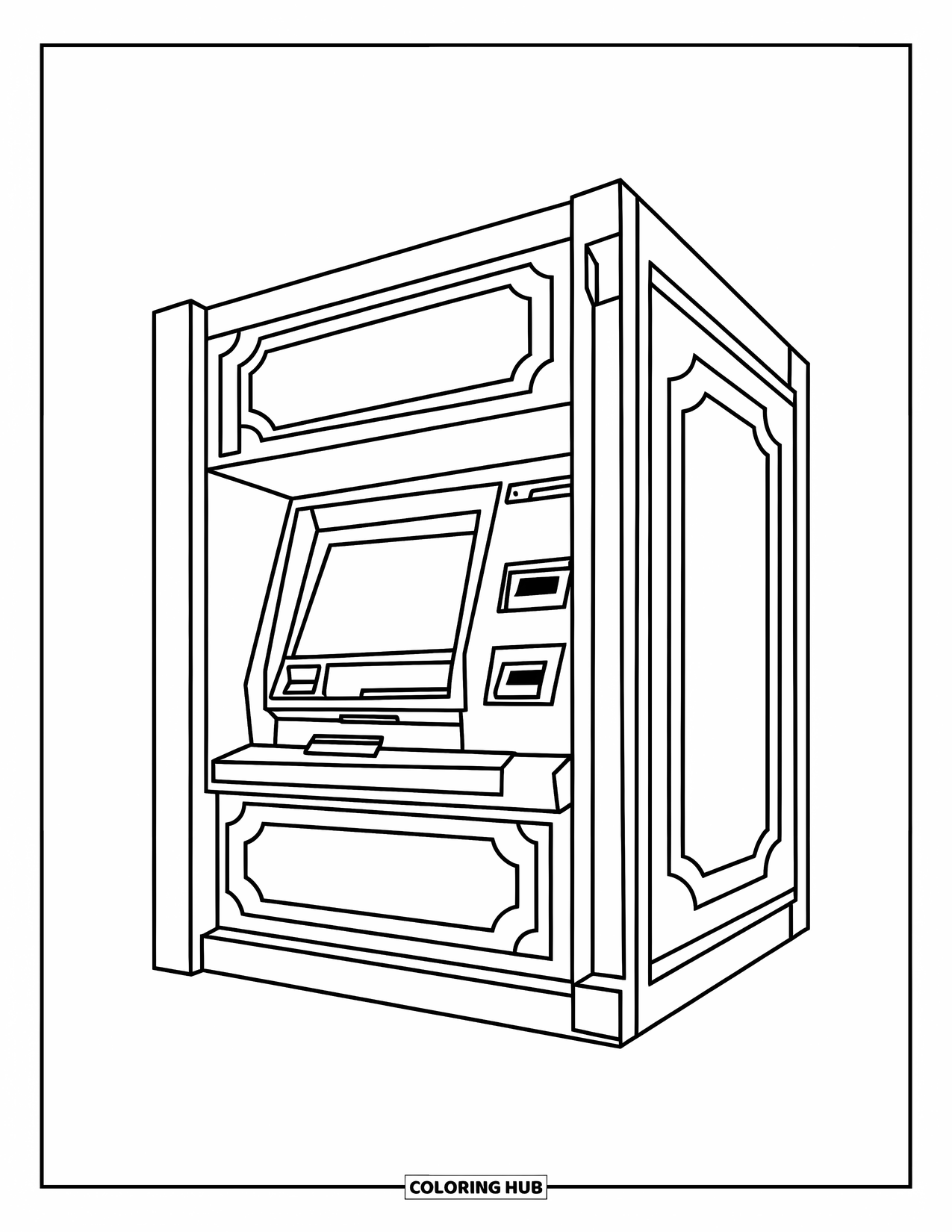 Bank Coloring Page for Kids: A clean, square ATM with a bold screen and card slot