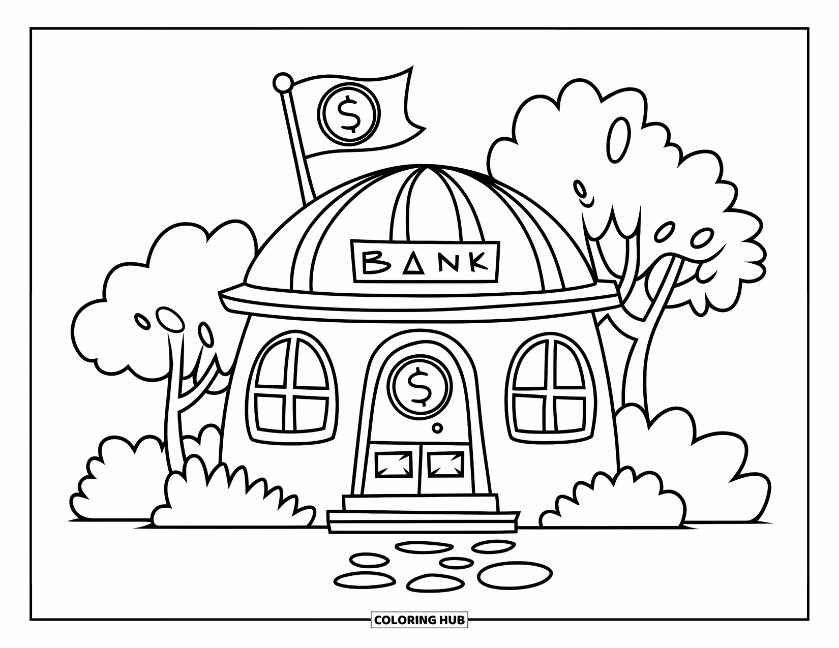 Bank Coloring Page for Kids: A cozy bank with rose vines and a shiny coin symbol above the door