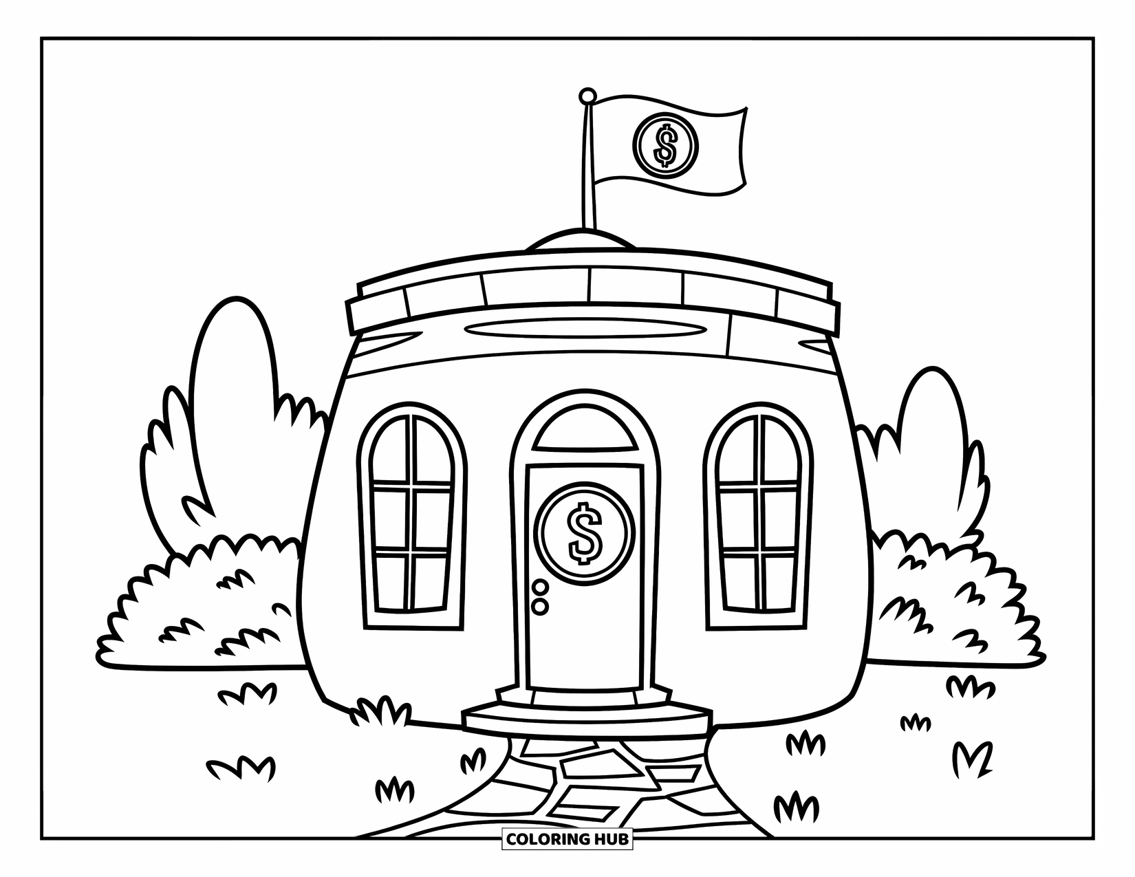 Bank Coloring Page for Kids: A cute little bank with big windows and a waving money flag