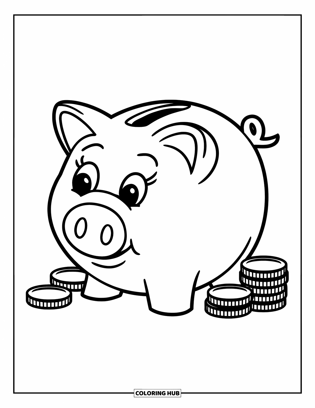 Bank Coloring Page for Kids: A cute piggy bank with coins stacked nearby