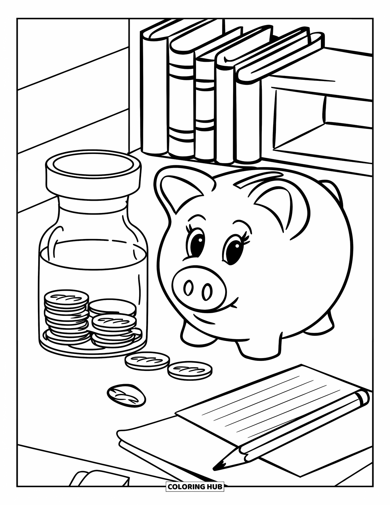 Bank Coloring Page for Kids: A desk with a piggy bank, coins, and a jar full of savings