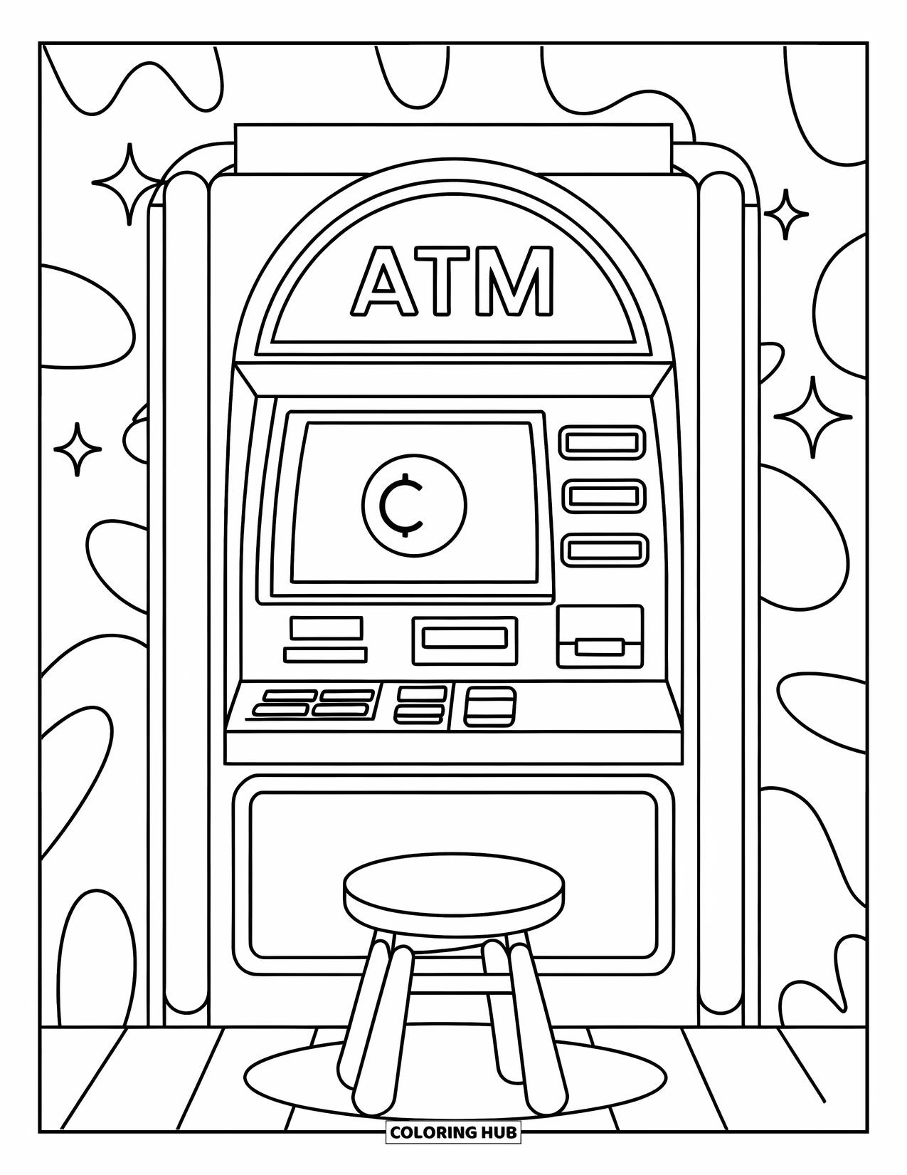 Bank Coloring Page for Kids: A friendly ATM with big buttons and a shiny coin on the screen