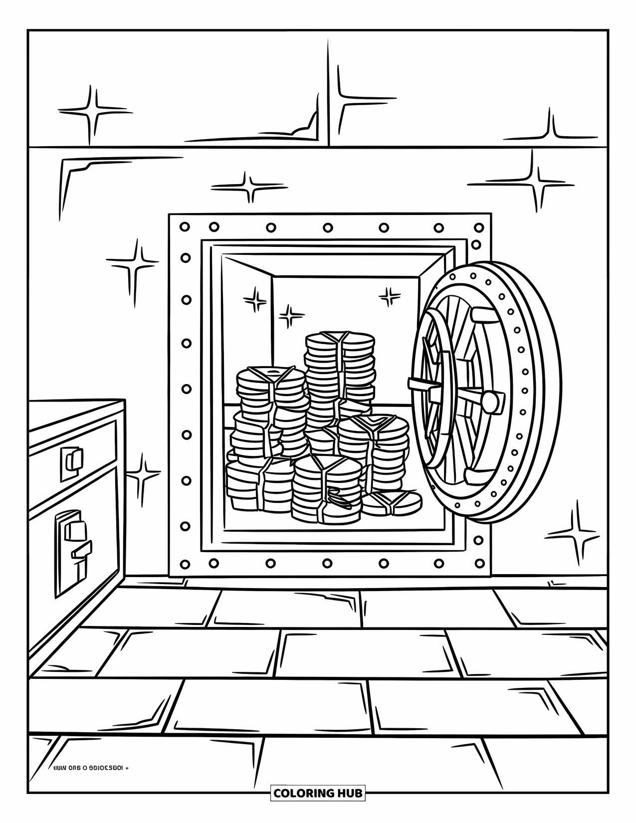 Bank Coloring Page for Kids: A room full of cash and coins behind an open metal vault door
