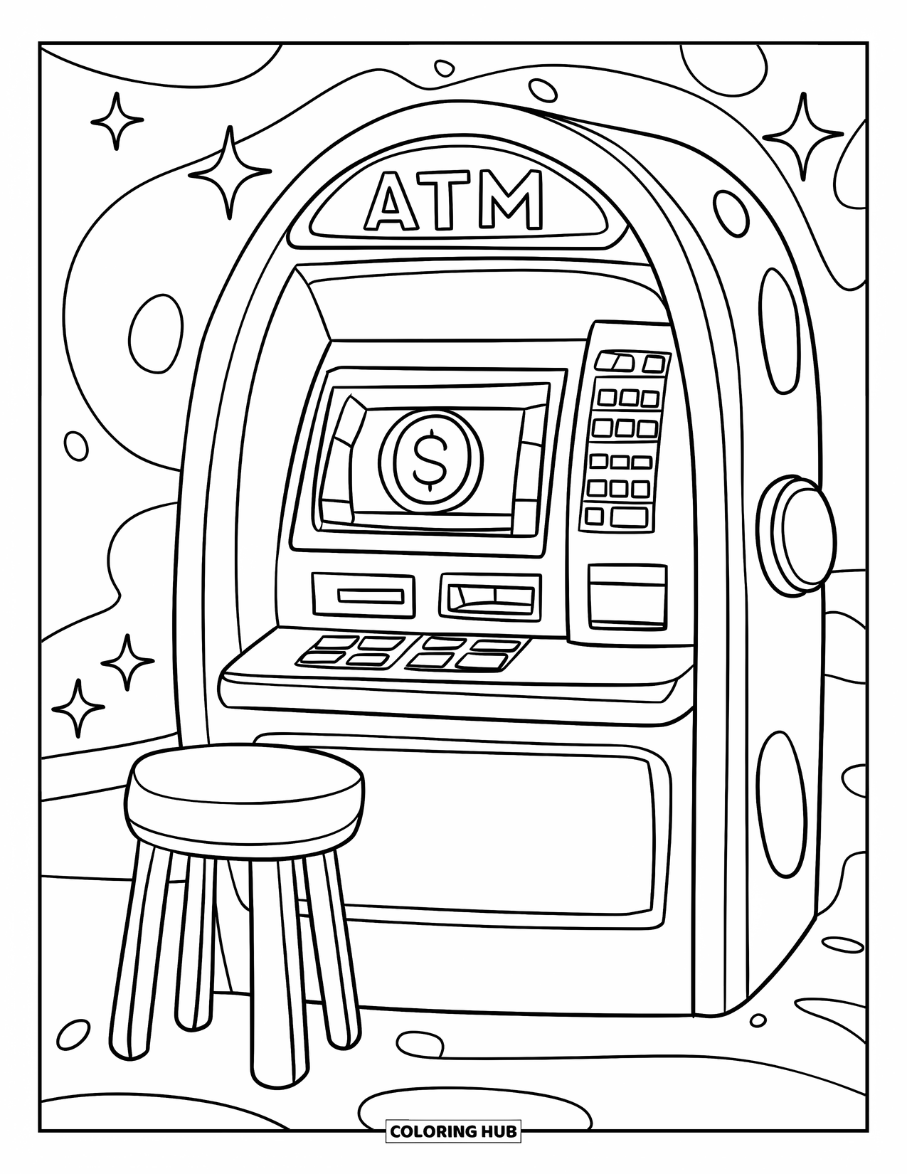 Bank Coloring Page for Kids: A rounded ATM machine with a coin sign and a small stool