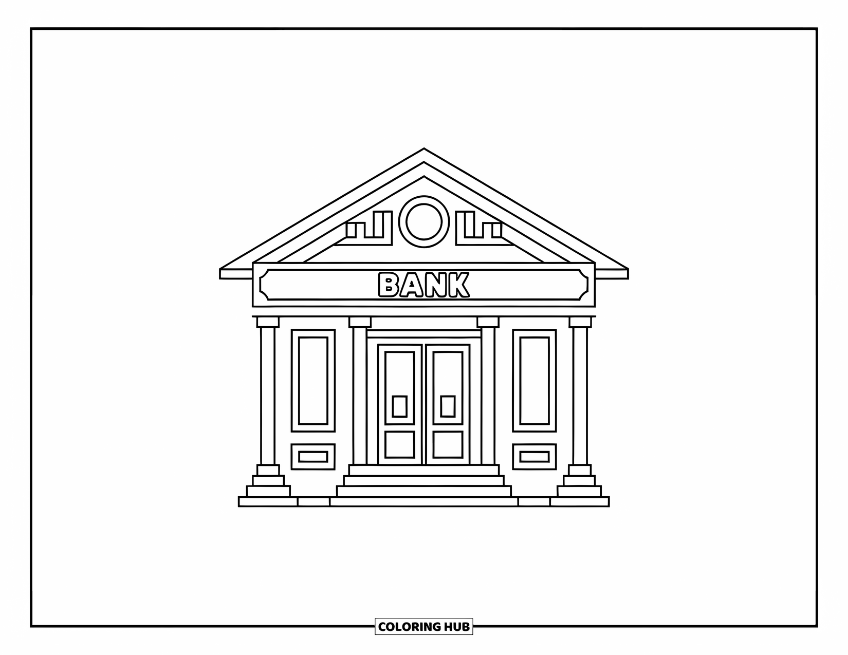 Bank Coloring Page for Kids: A simple, happy bank building perfect for young savers