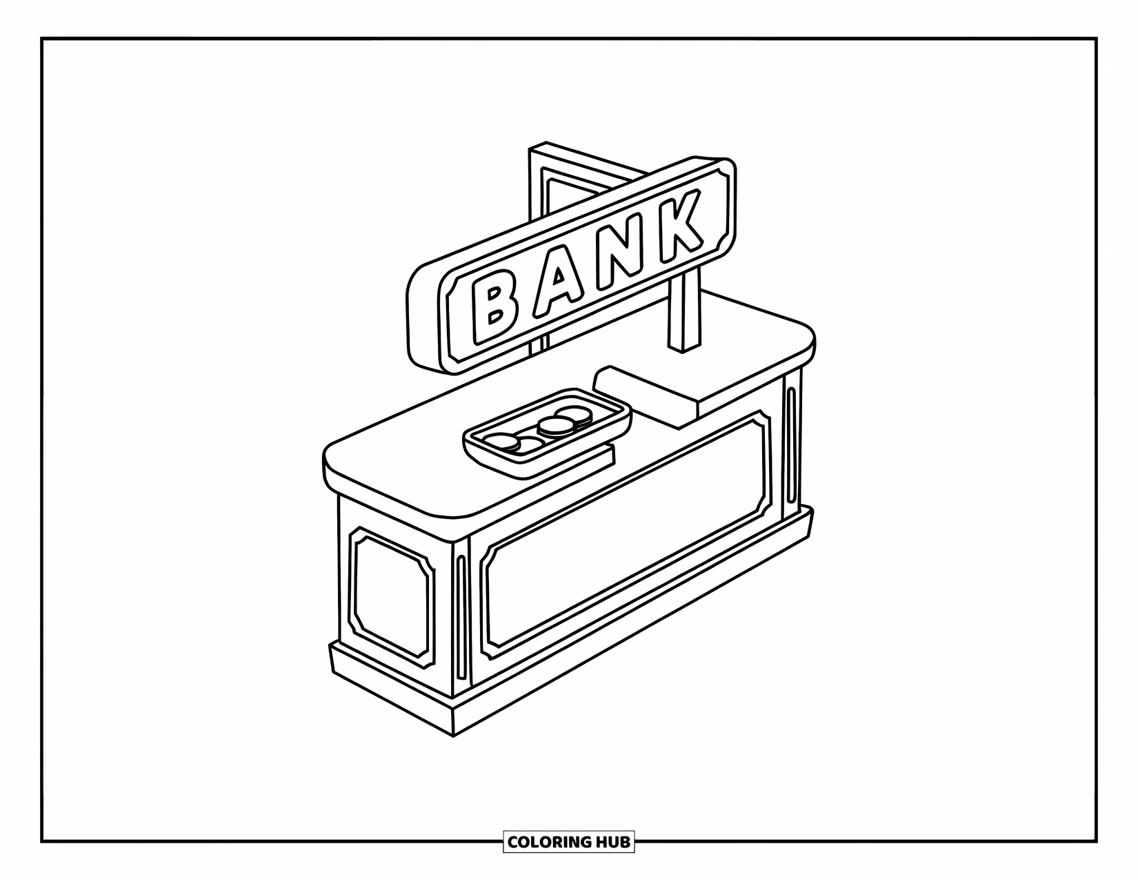 Bank Coloring Page for Kids: A small bank counter with a tray and a ìBANKî sign above