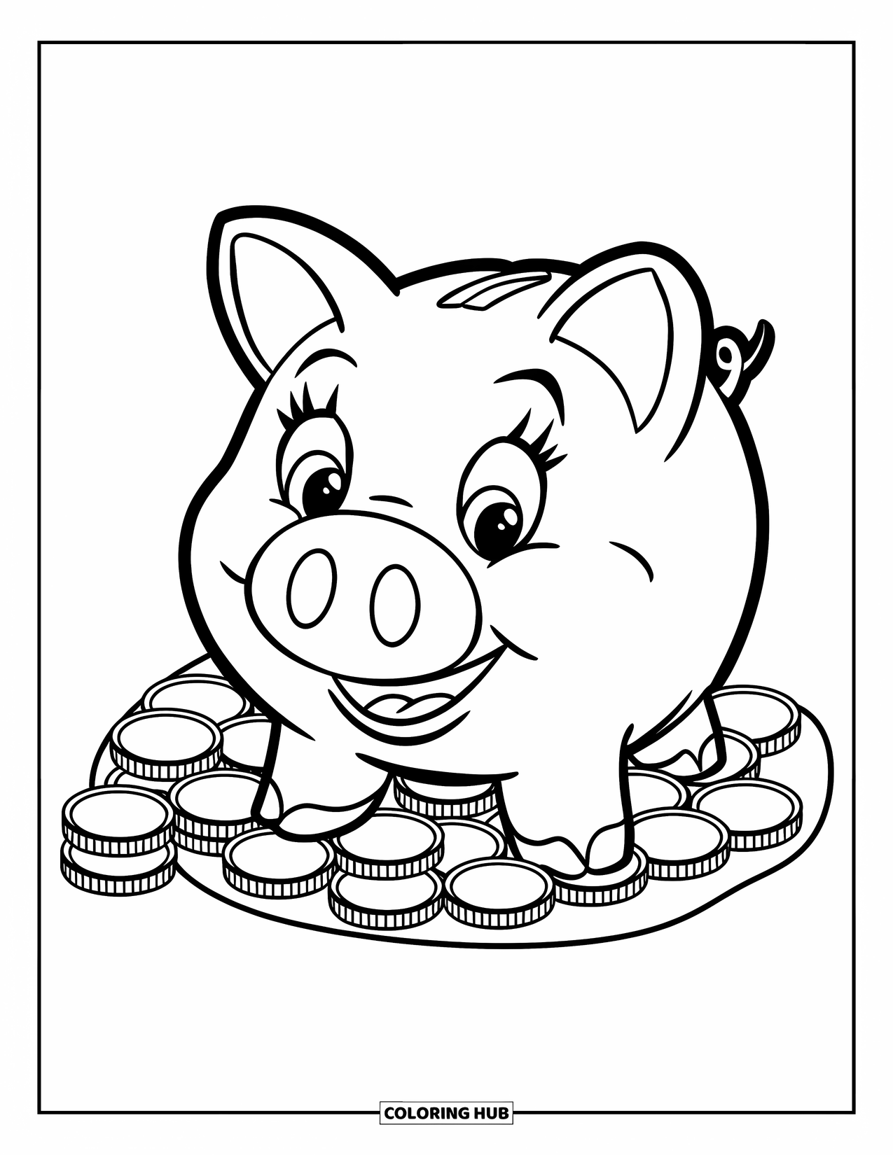 Bank Coloring Page for Kids: A smiling piggy bank surrounded by little coins