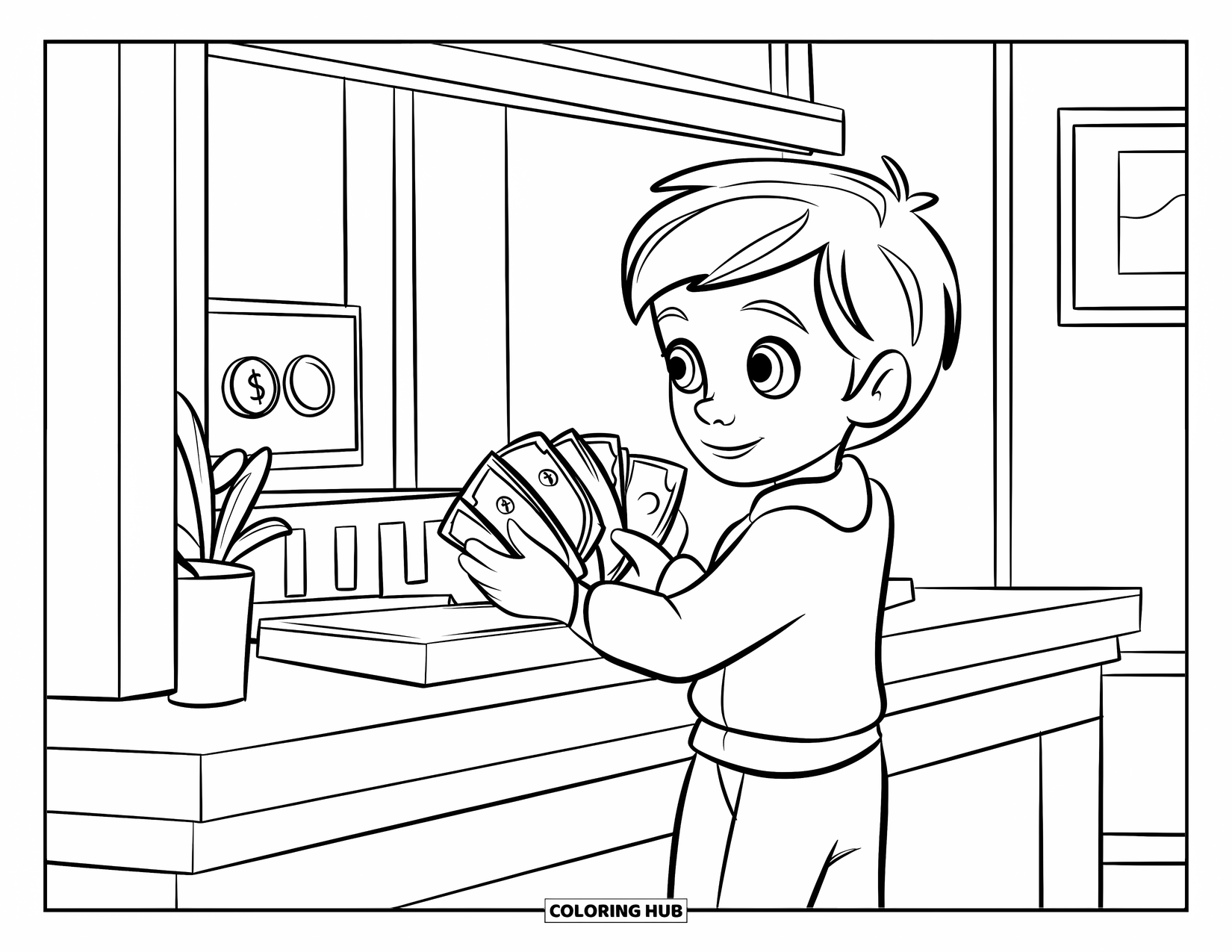 Bank Coloring Page for Kids: A young customer stands at the teller window holding their savings