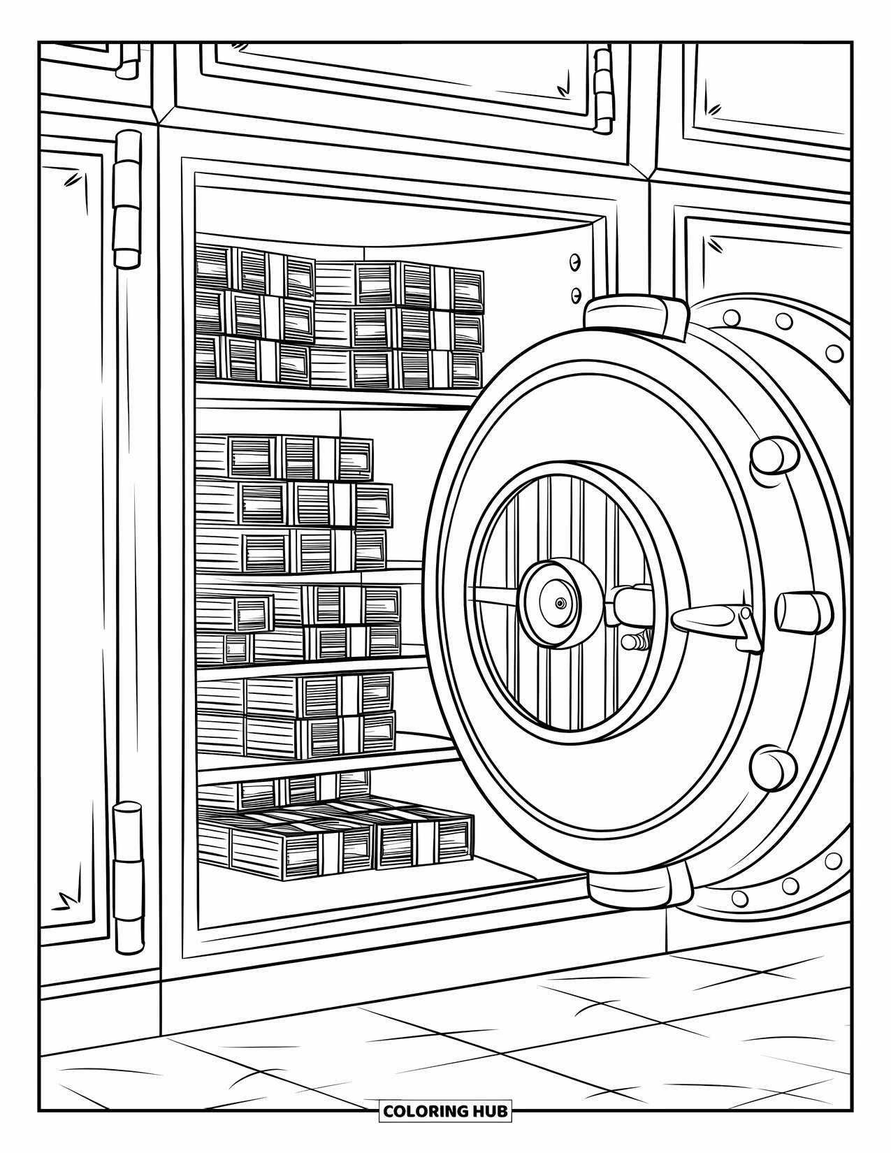 Bank Coloring Page for Kids: An open vault reveals neat stacks of money and boxes