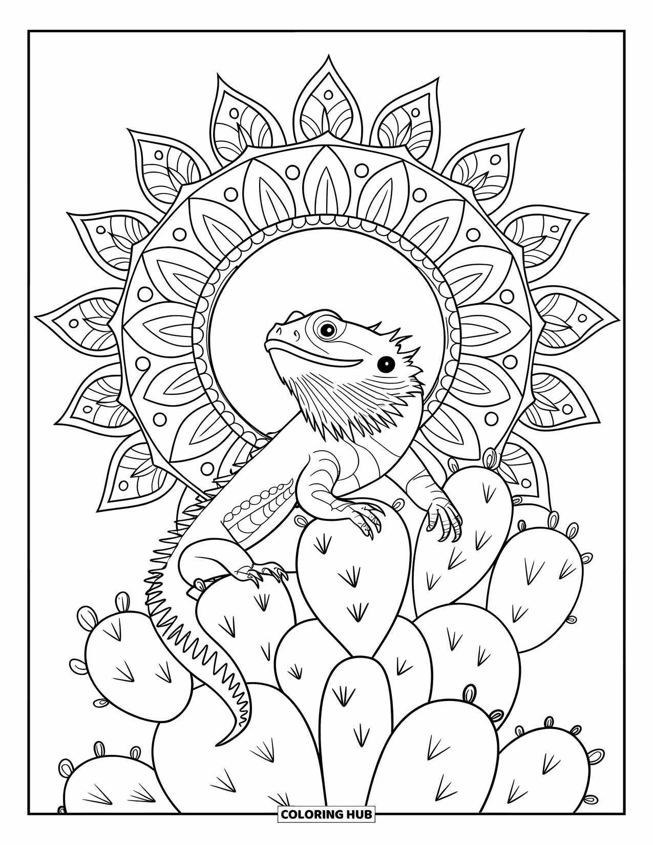 Bearded Dragon Coloring Page for Adults: A basking dragon lounges on a blooming cactus with a patterned sun overhead