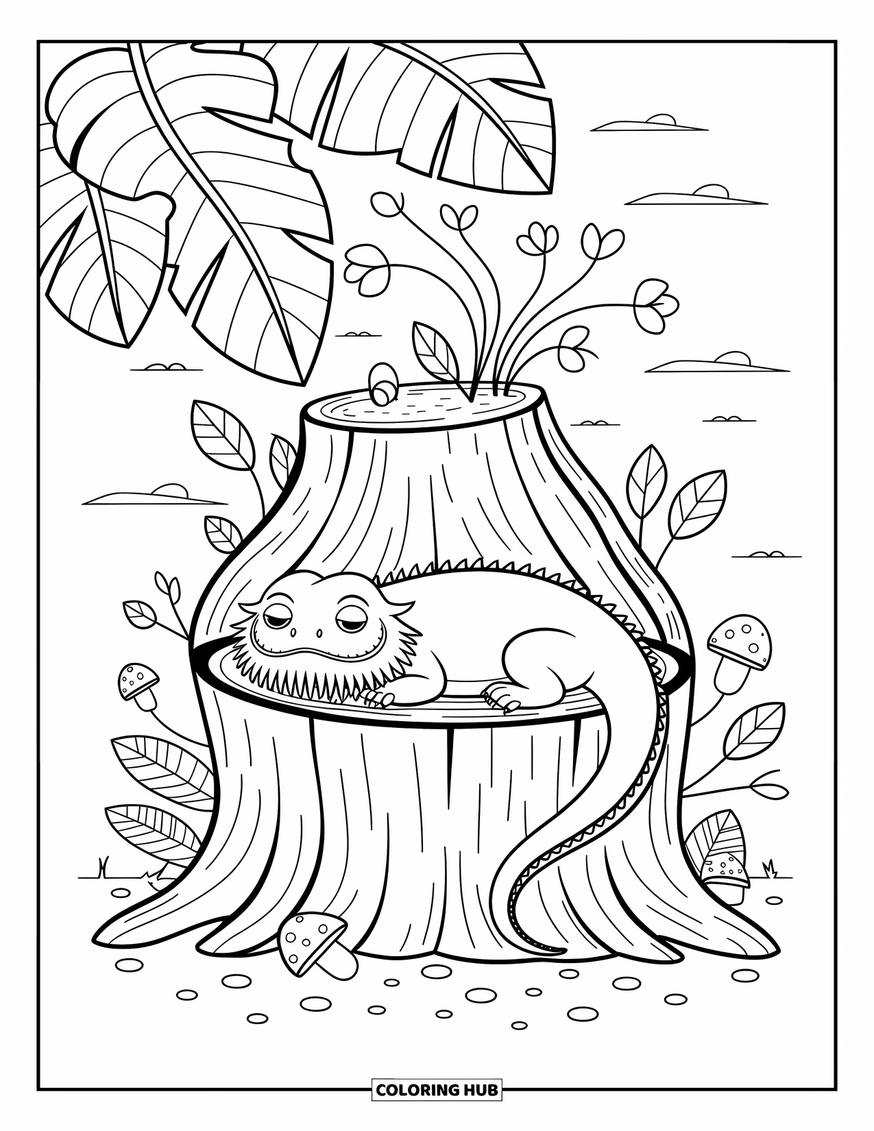 Bearded Dragon Coloring Page for Adults: A bearded dragon naps inside a tree stump surrounded by mushrooms and leaves