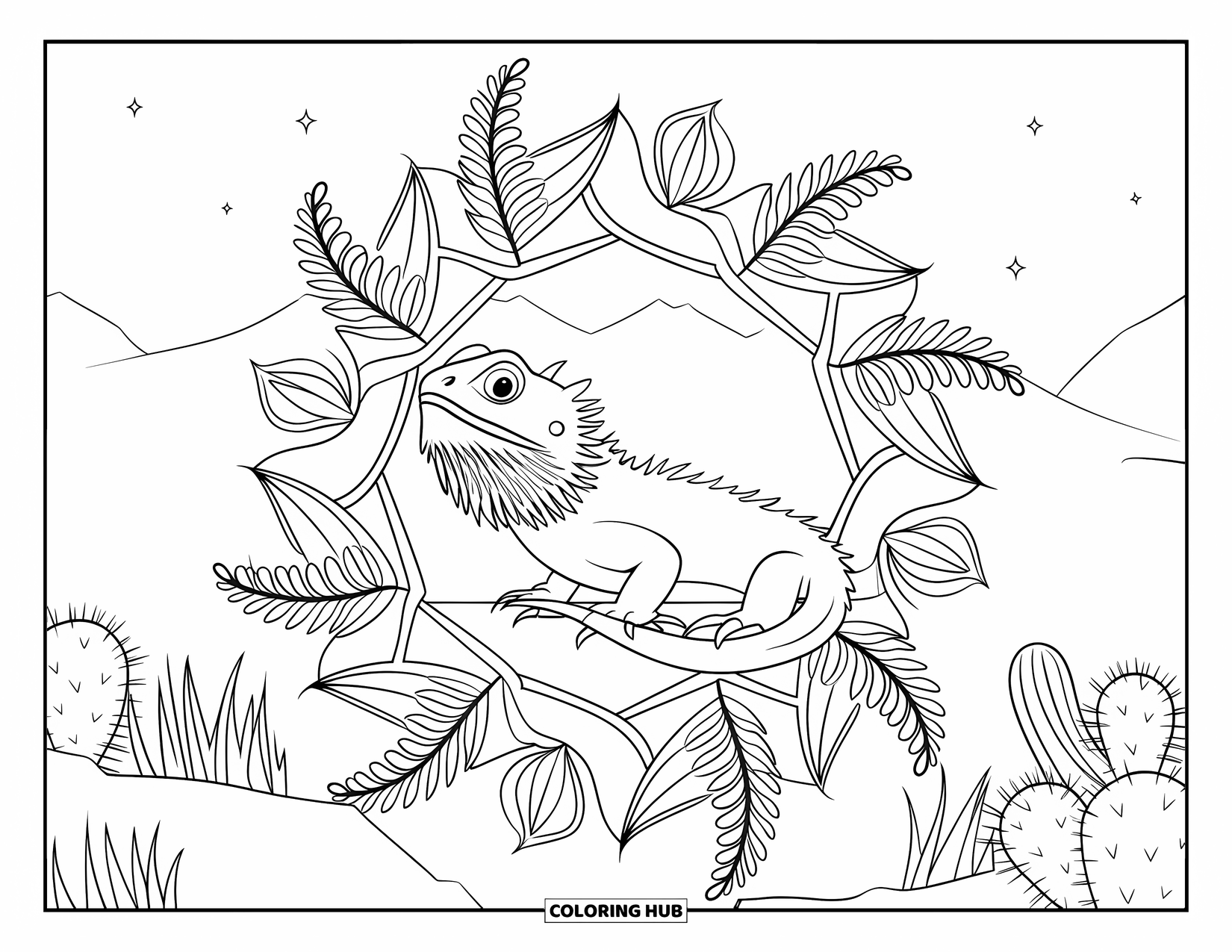 Bearded Dragon Coloring Page for Adults: A bearded dragon rests on a rocky mandala with a clear sky and mountain view