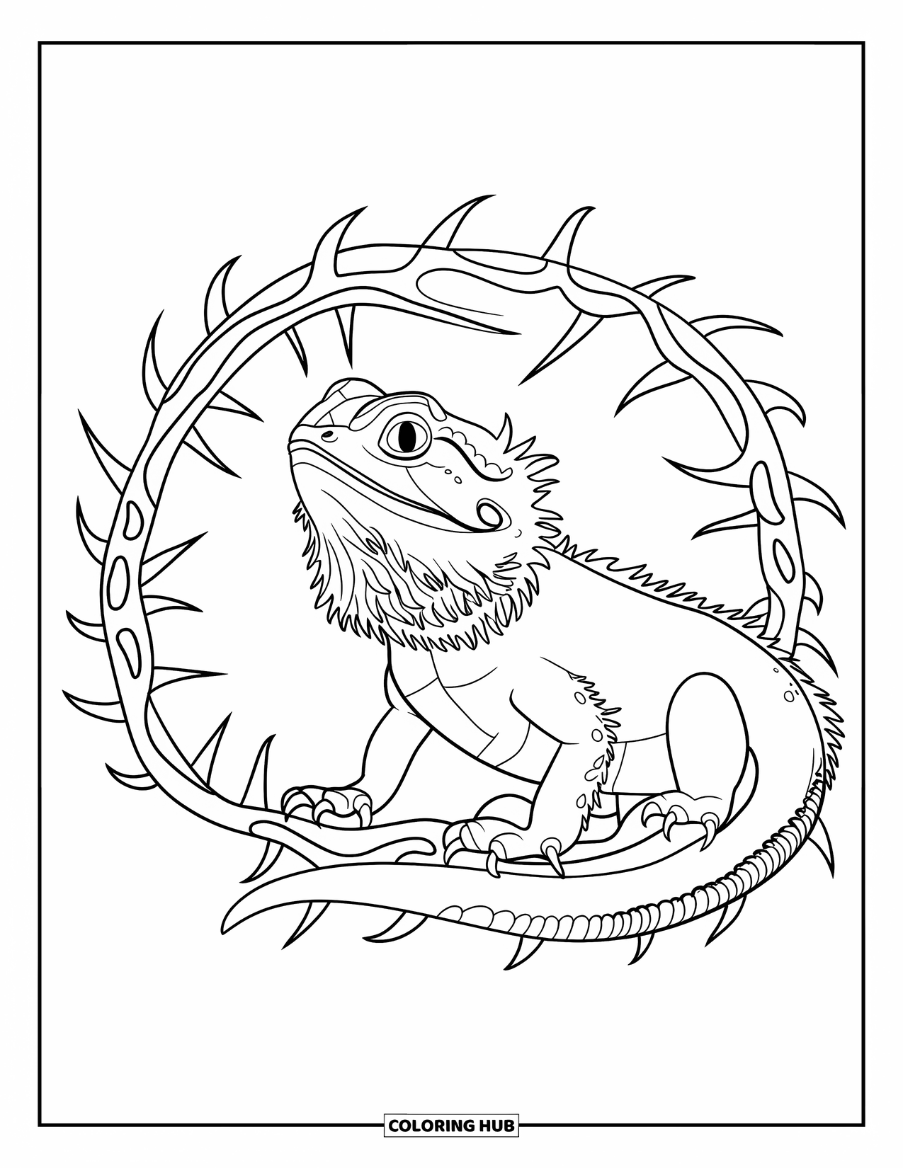 Bearded Dragon Coloring Page for Adults: A bearded dragon sits calmly in swirling vines with mandala accents