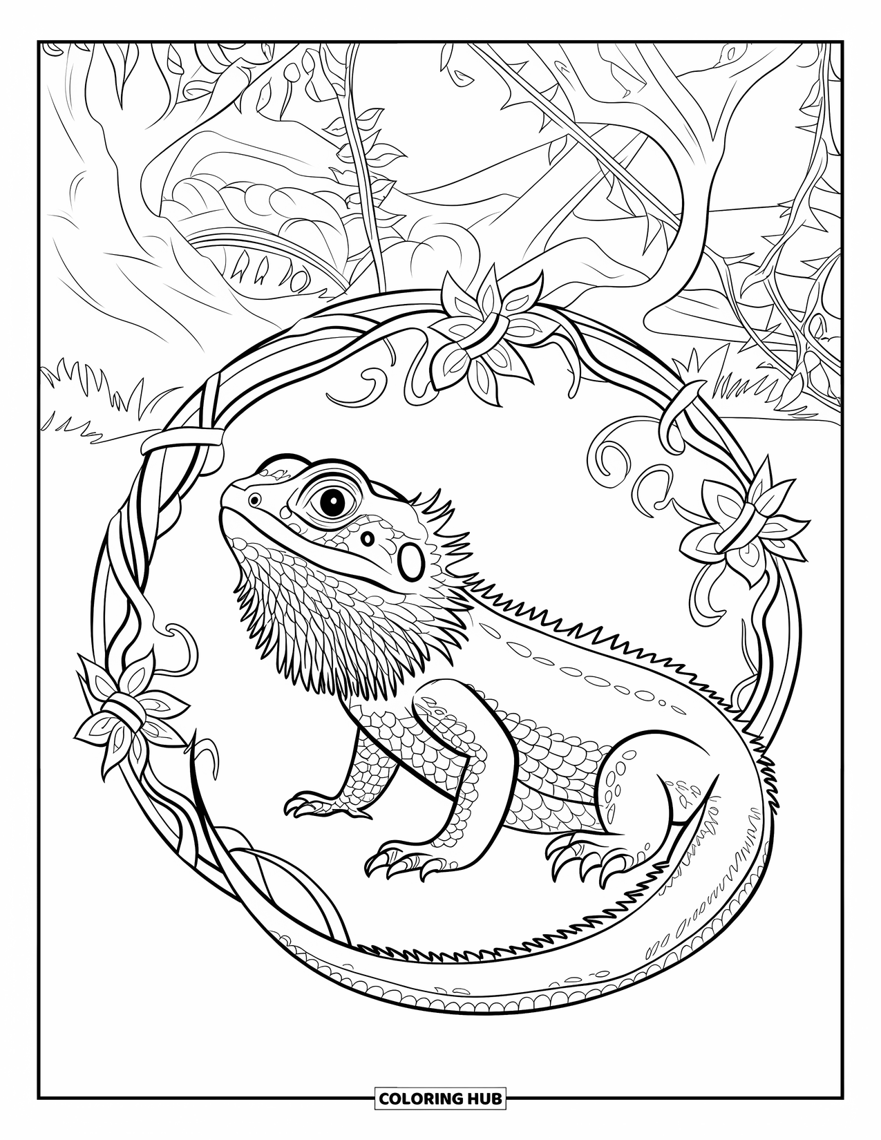 Bearded Dragon Coloring Page for Adults: A bearded dragon with scaly skin rests in a forest of vines and thorns