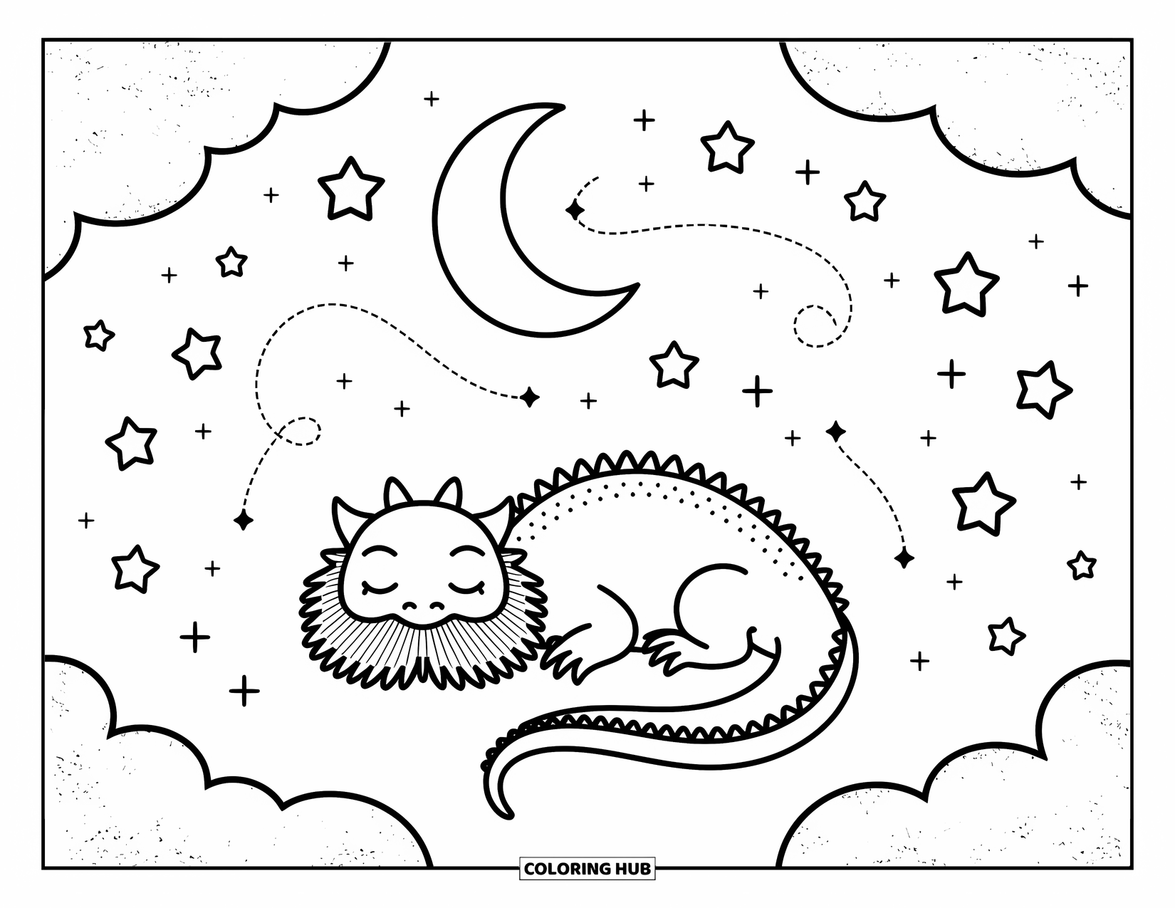 Bearded Dragon Coloring Page for Adults: A dragon naps beneath a crescent moon with swirling stars and soft clouds