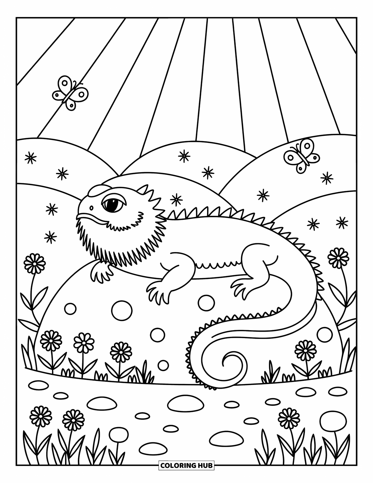 Bearded Dragon Coloring Page for Adults: A dragon naps on a curved rock under sunny skies with butterflies and grass