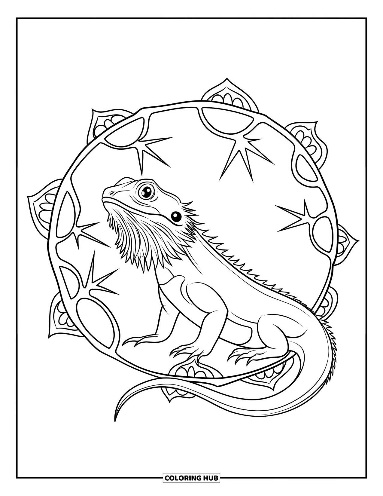 Bearded Dragon Coloring Page for Adults: A peaceful dragon rests in a swirl of vines and mandala shapes