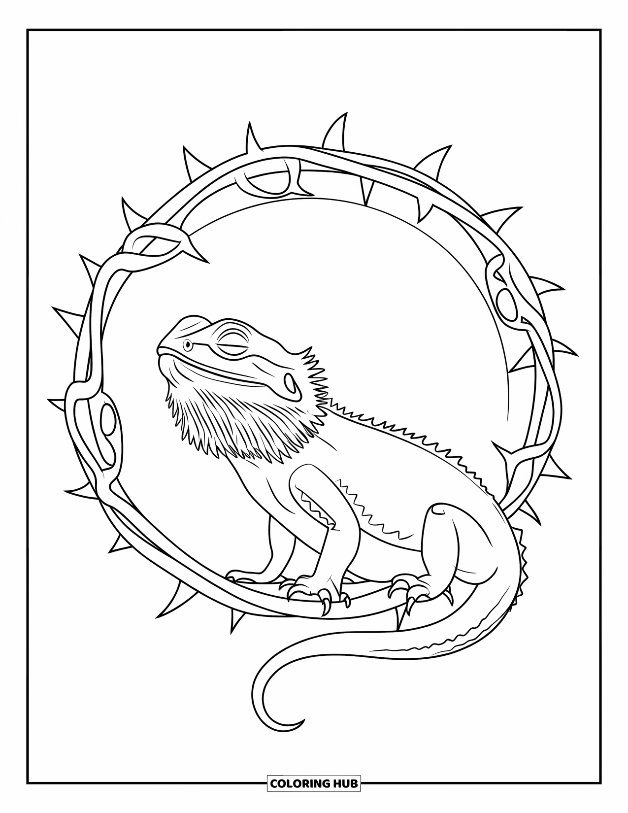 Bearded Dragon Coloring Page for Adults: A relaxed dragon with closed eyes sits in vines, framed by a soft mandala