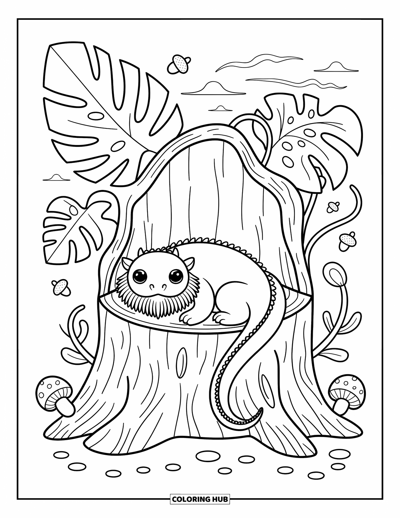Bearded Dragon Coloring Page for Adults: A sleepy dragon curls in a tree stump with vines, acorns, and soft leaves
