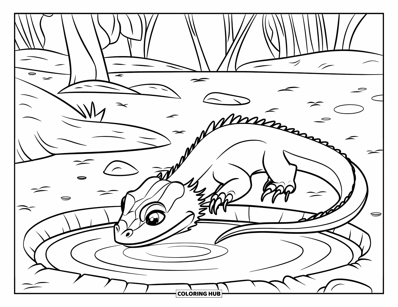 Bearded Dragon Coloring Page for Kids: A bearded dragon gazes into a small pond surrounded by rocks